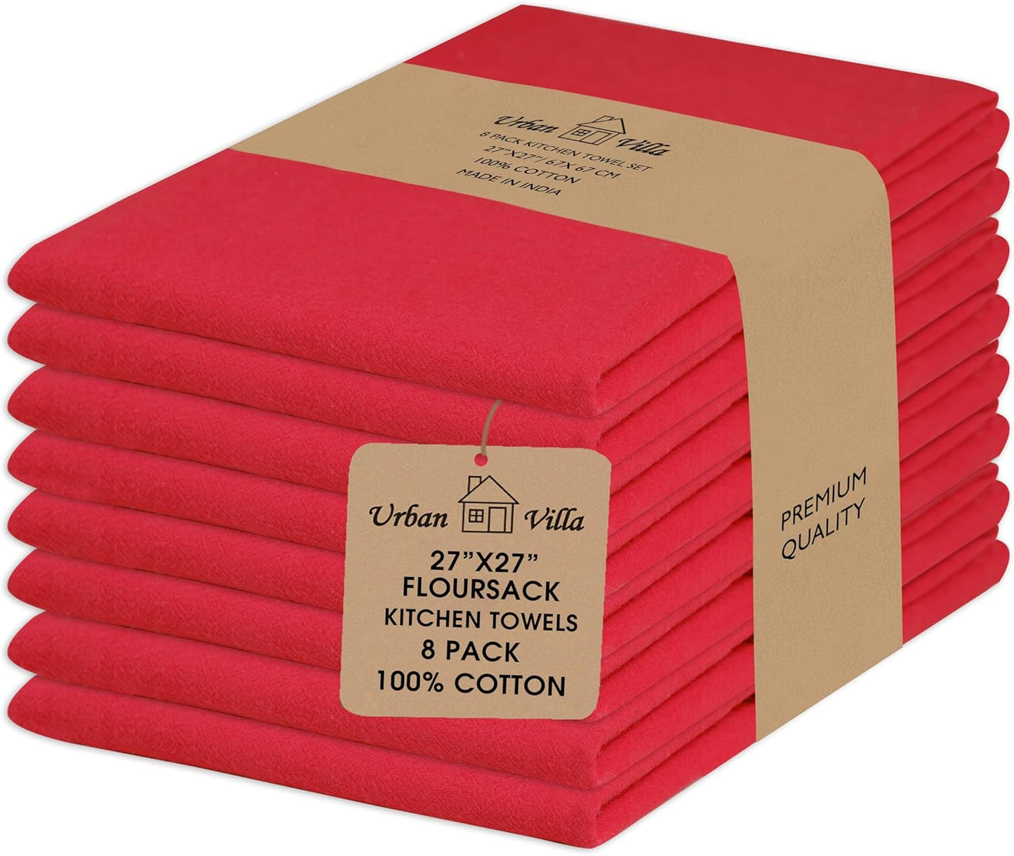 Urban Villa Flour Sack Red Kitchen Towels 100% Cotton Highly Absorbent Dish Towels for Bread Proofing Baking Drying Dinnerware Glass Embroidery DIY Projects Zero Lint 27x27 Inches (8 Pack)