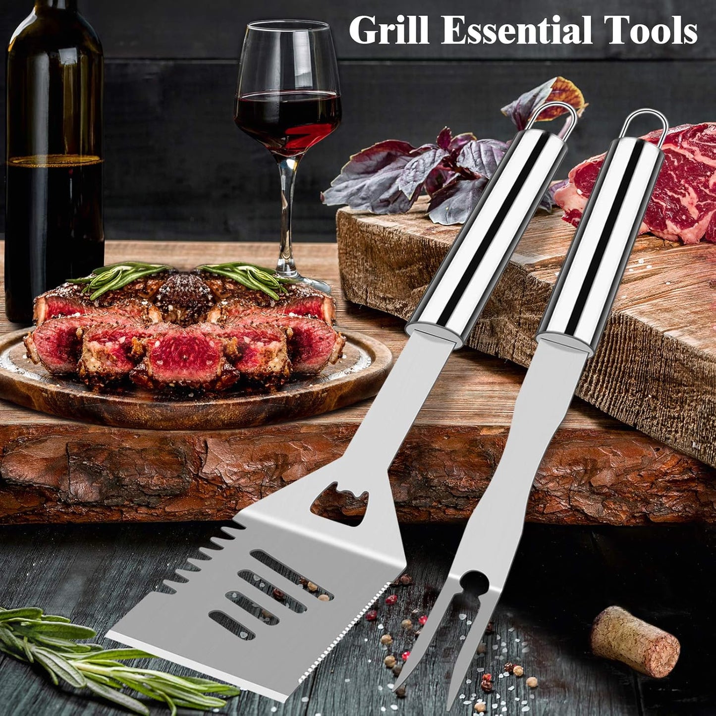 ROMANTICIST 25pcs Extra Thick BBQ Grill Accessories, Christmas Grilling Gifts Set for Men Dad, Heavy Duty Grill Tools Utensils Kit with Spatula, Tongs in Aluminum Case for Birthday Silver