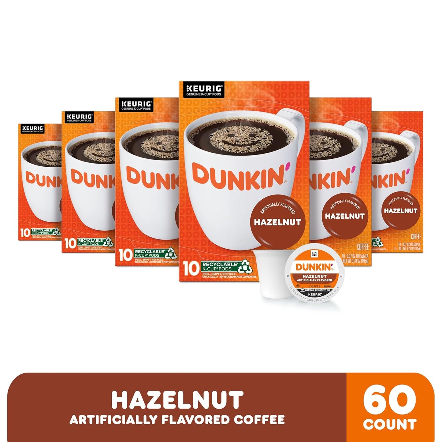 Dunkin' Hazelnut Flavored Coffee, 60 Keurig K-Cup Pods,10 Count (Pack of 6)