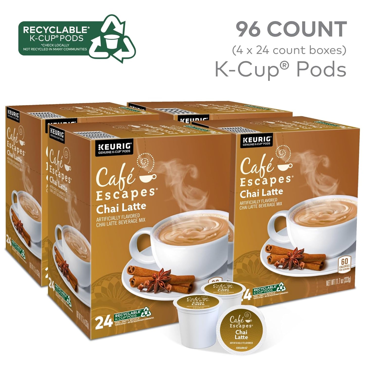 Cafe Escapes Chai Latte Keurig Single-Serve K-Cup Pods, 96 Count