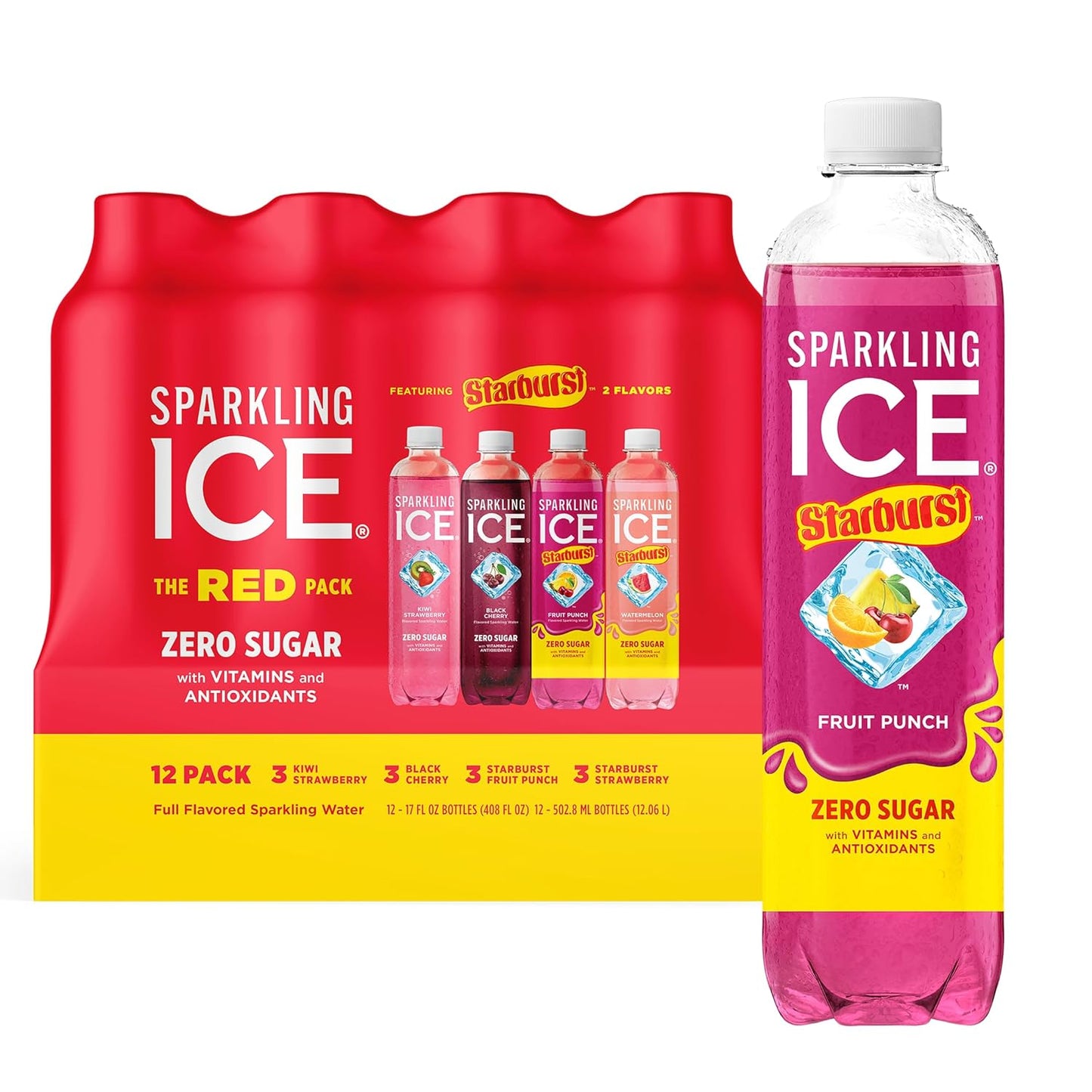 Sparkling Ice STARBURST Red Variety Pack, Zero Sugar Flavored Sparkling Water, Vitamins & Antioxidants, 17 fl oz, 12 count (Kiwi Strawberry, Black Cherry, Starburst Fruit Punch, Starburst Watermelon)