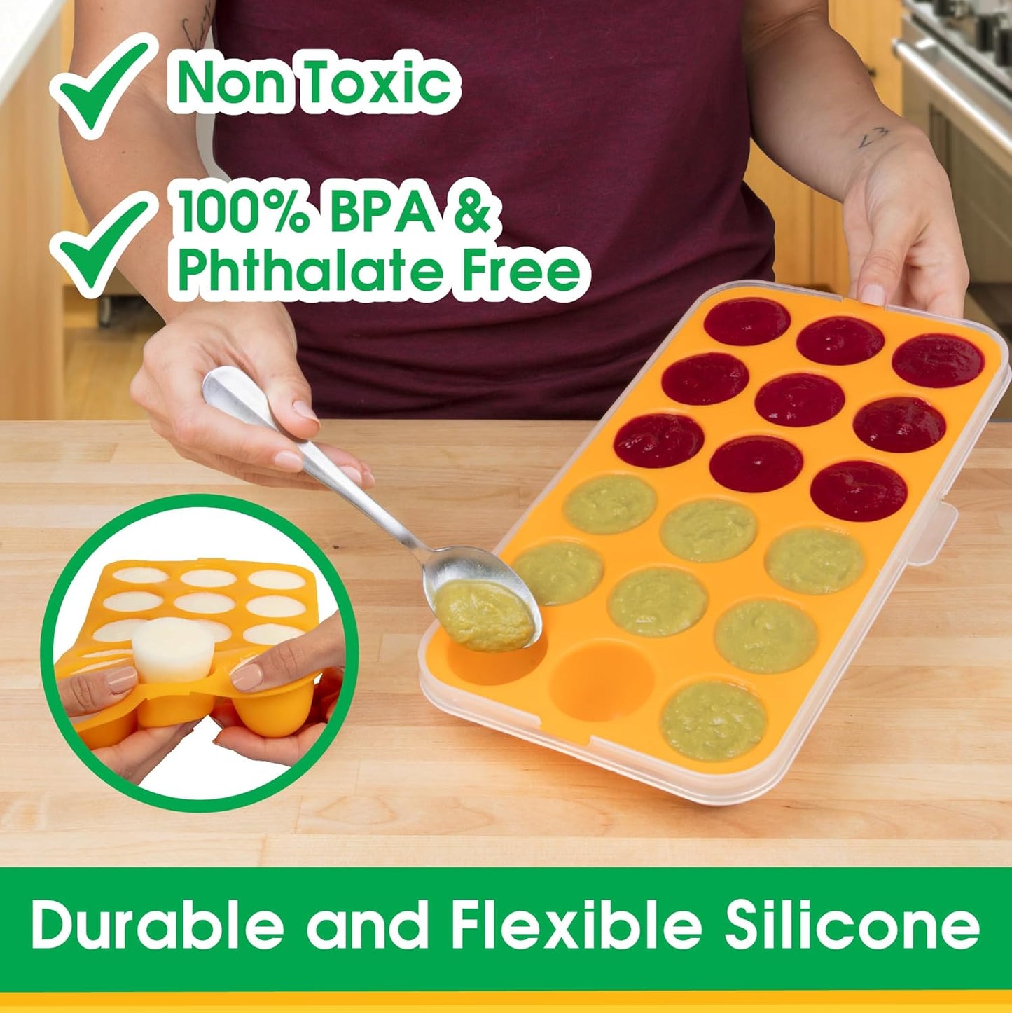 Silicone Baby Reusable Food Storage Tray (2 Pack) - Pop Out 1oz Portion Silicone Stackable Freezer Tray, Snap-on Lid, Non Toxic BPA & PVC Free, Dishwasher &Microwave Safe, Healthy Meal Prep, Gift