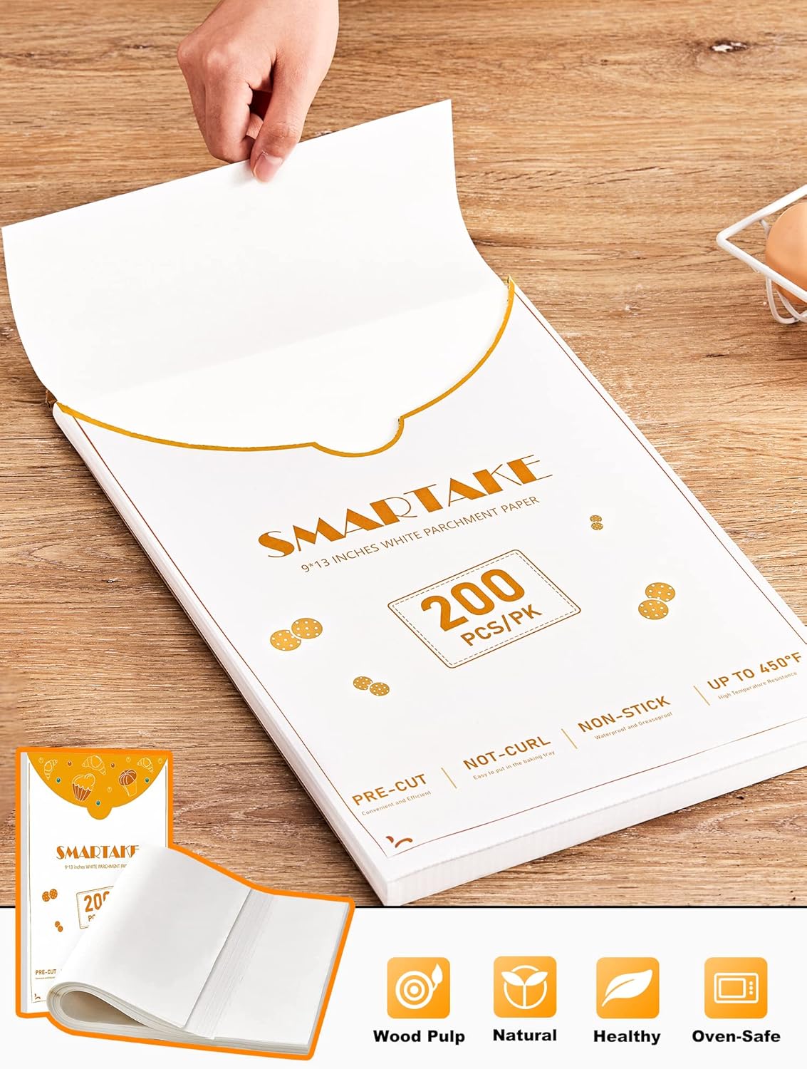 SMARTAKE 200 Pcs Parchment Paper Baking Sheets, 9x13 Inch Non-Stick Precut Baking Parchment, Suitable for Baking Grilling Air Fryer Steaming Bread Cup Cake Cookie and More (White)