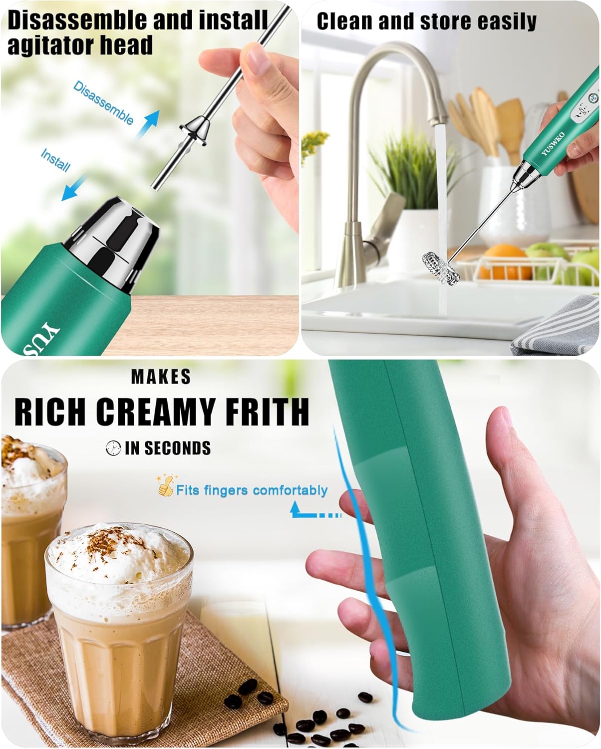 YUSWKO Rechargeable Milk Frother for Coffee, Handheld Drink Mixer with 3 Heads 3 Speeds, Ideal Coffee Frother Wand for Travel - Green
