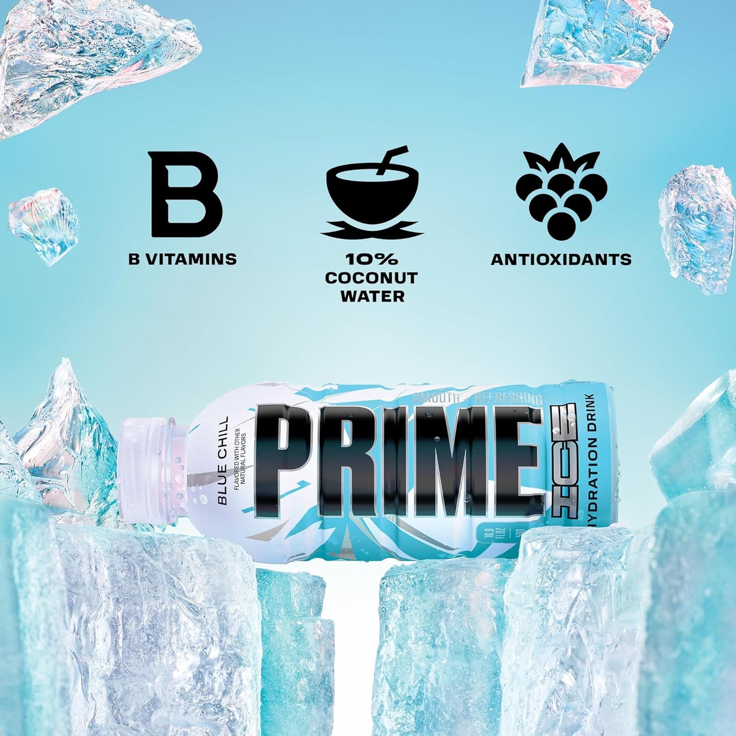 PRIME Hydration ICE BLUE CHILL, Sports Drinks, Electrolyte Enhanced for Ultimate Hydration, 250mg BCAAs, B Vitamins, Antioxidants, Low Sugar, 16.9 Fl Oz, 12 Pack