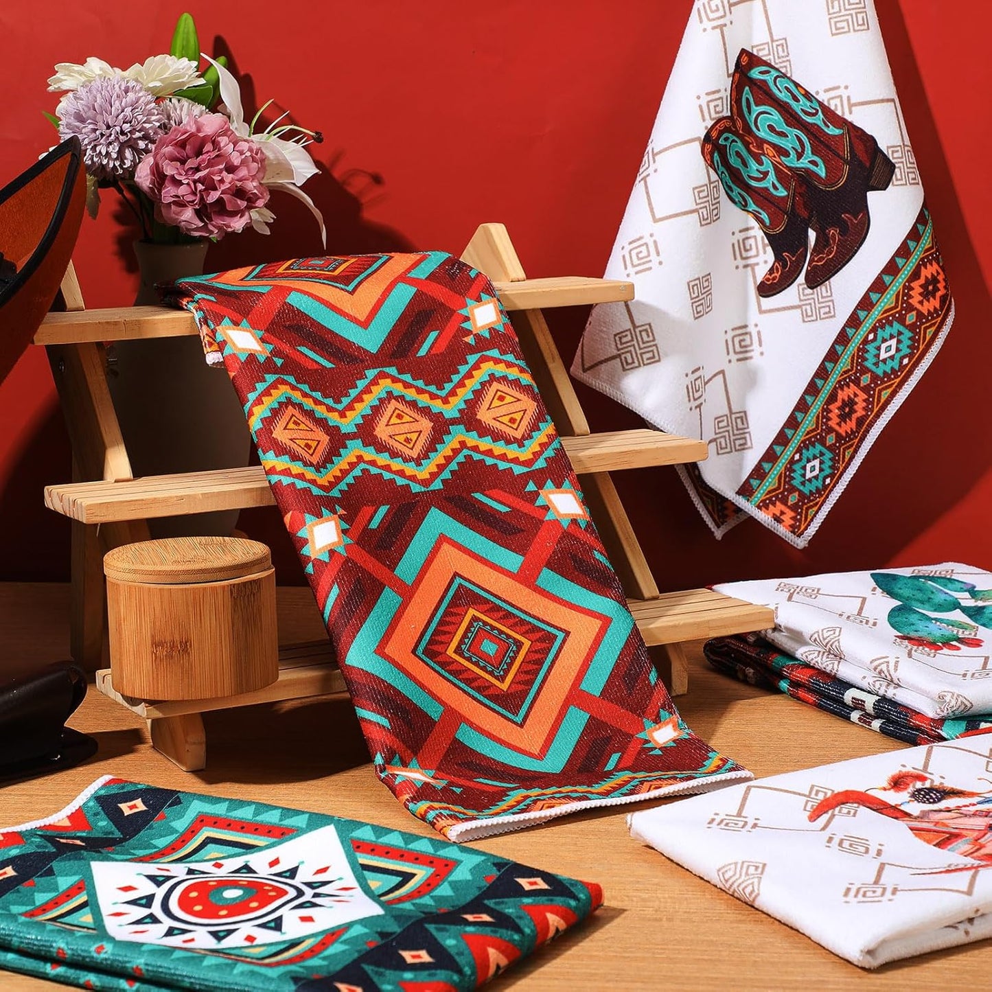 Boyiee Set of 6 Southwestern Kitchen Towels Boho Aztec Theme Dishtowel Native American Hand Tea Towels 24 x 16 Inches for Absorbent Kitchen Decor with Hanging Loop for Room Home Housewarming Gift