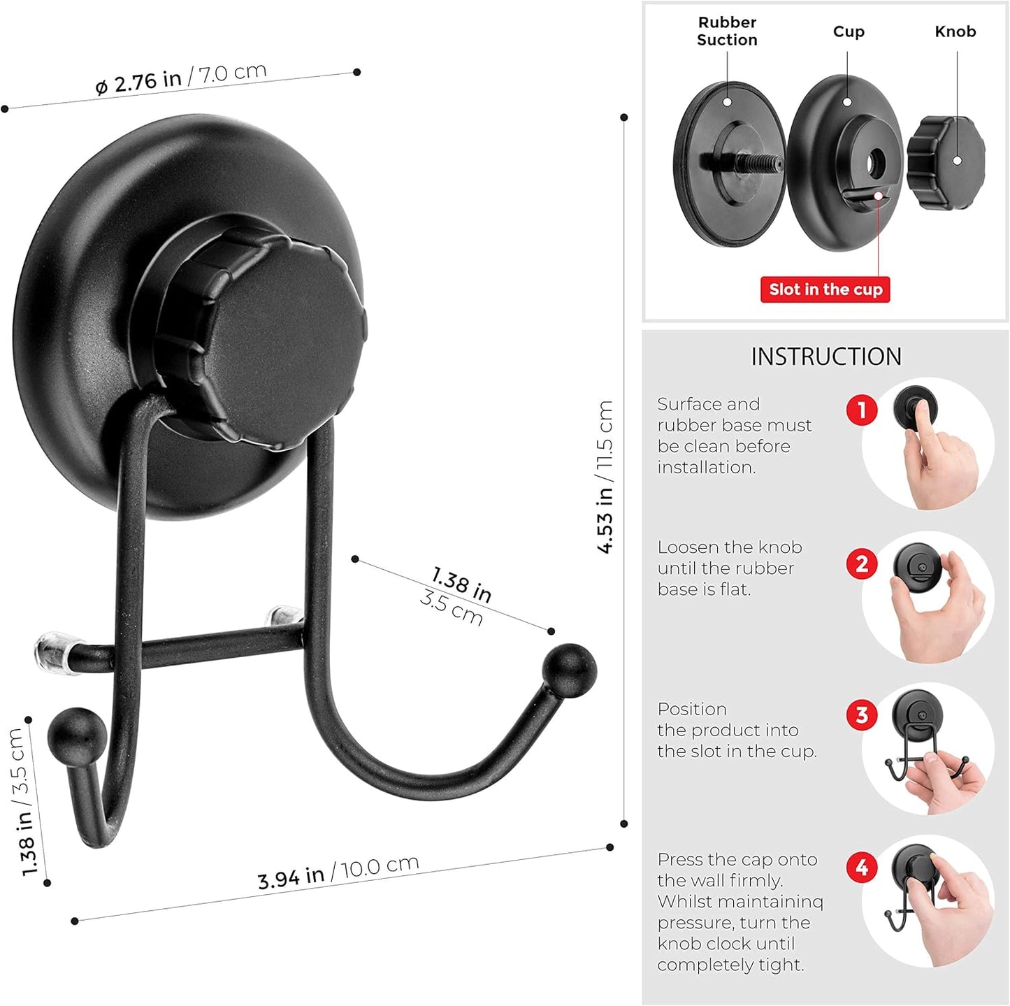 Suction Cup Hooks for Shower - Towel Hooks for Bathroom Wall Mounted Shower - Bathroom Hooks for Hanging - Stainless Steel SS304 Towel Holders, Black (2 Pack)