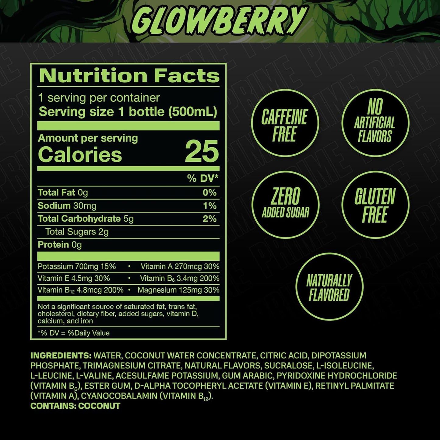 PRIME Hydration GLOWBERRY, Sports Drinks, Electrolyte Enhanced for Ultimate Hydration, 250mg BCAAs, B Vitamins, Antioxidants, Low Sugar, 16.9 Fl Oz, 12 Pack