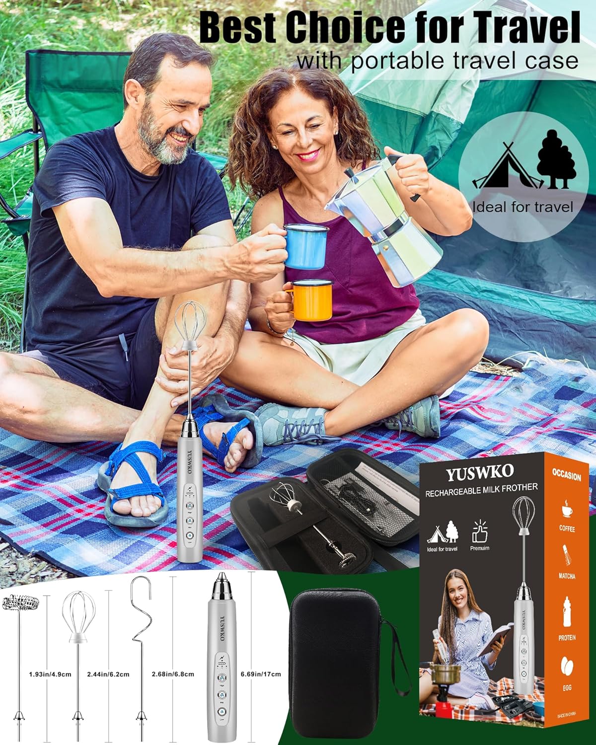 YUSWKO Rechargeable Milk Frother for Coffee, Handheld Drink Mixer with 3 Heads 3 Speeds, Ideal Coffee Frother Wand for Travel - Silver