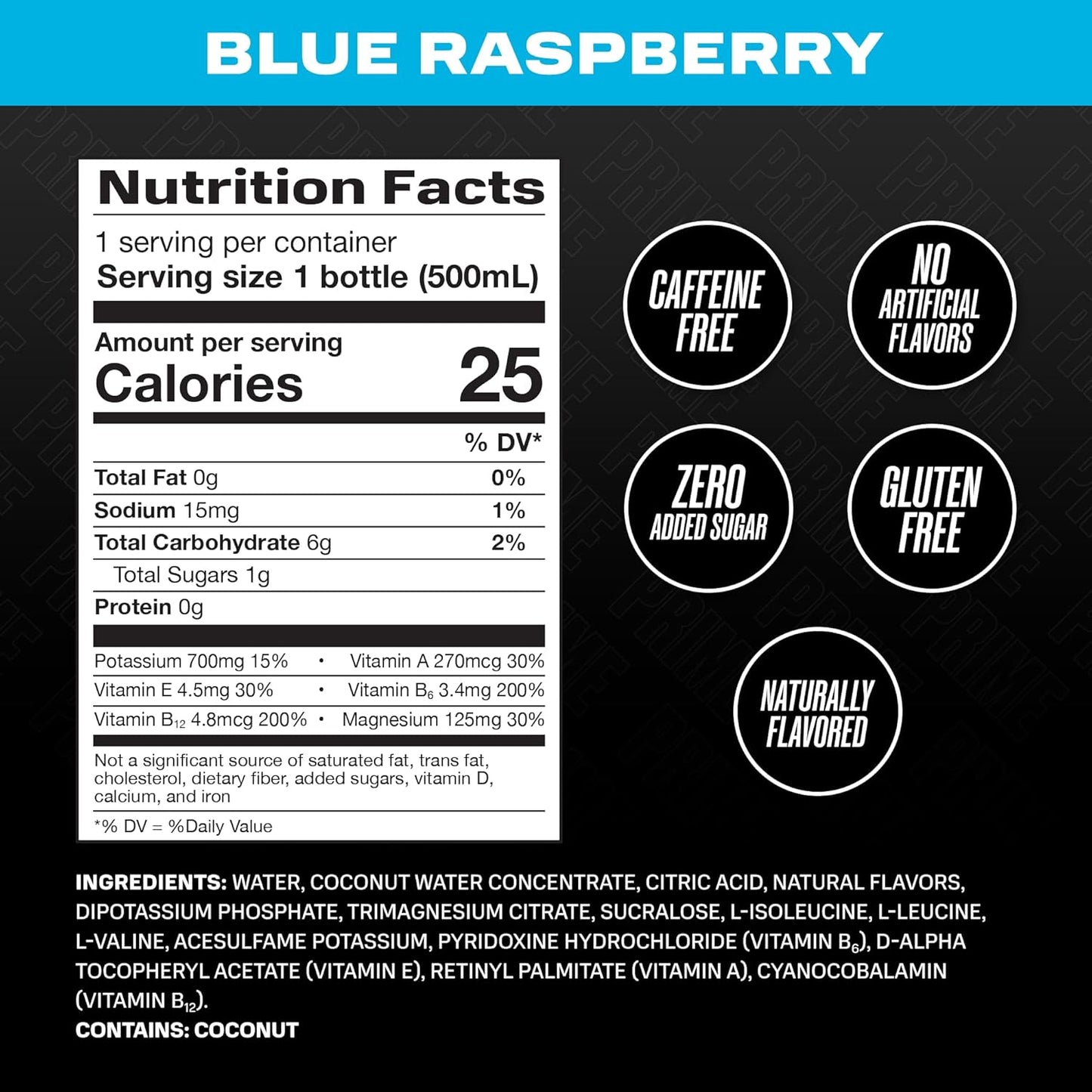 PRIME Hydration BLUE RASPBERRY, Sports Drinks, Electrolyte Enhanced for Replenishing Fluids, 250mg BCAAs, B Vitamins, Antioxidants, Low Sugar, 16.9 Fl Oz, 12 Pack