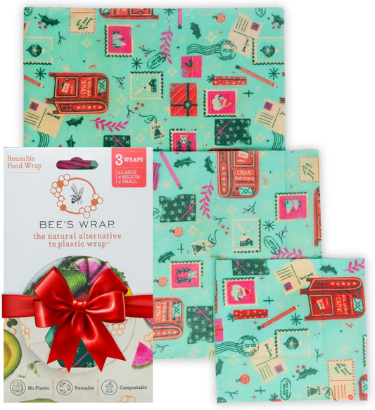 Bee's Wrap Beeswax Wraps for Food - Made in USA Reusable & Organic Food Wraps, Sandwich Wrap & Bowl Covers - Eco-Friendly Alternative to Aluminum Foil, Seasons Greetings 3 Pack (S, M, L)