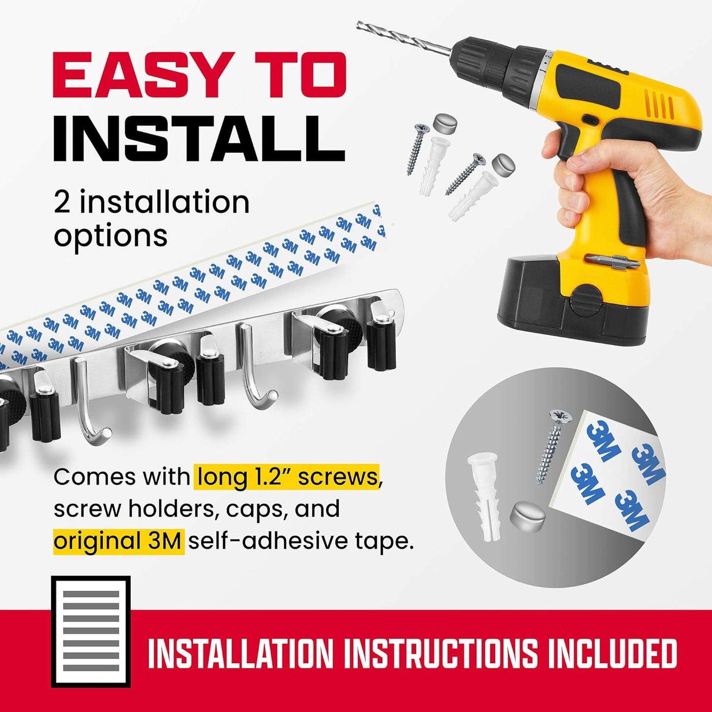 2 Pack Mop and Broom Holder Wall Mount – Self-Adhesive Stainless Steel broom hanger organizer – 4 Clamps, 3 Hooks – Holds Up to 40 Lbs