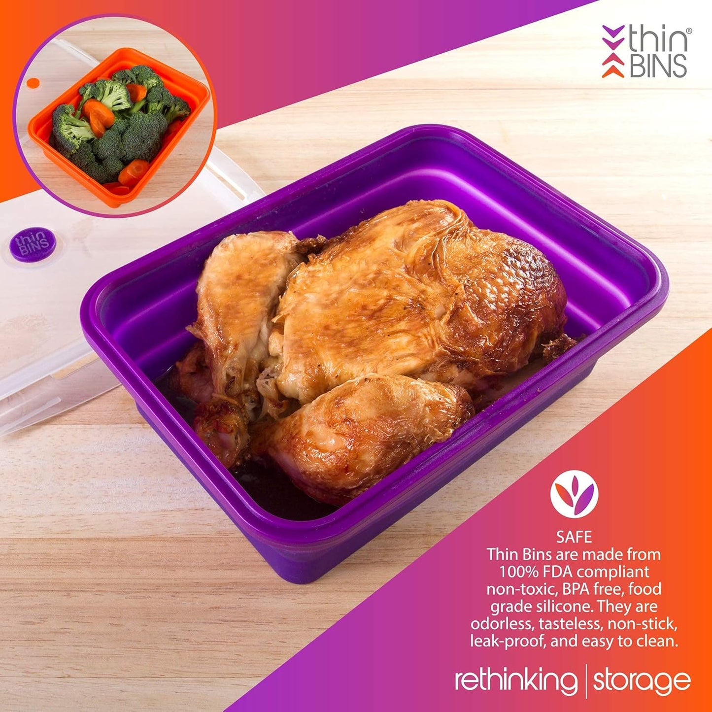 Kitchen Home Thin Bins Collapsible Containers – Set of 2 Extra Large Rectangle Silicone Food Storage Containers – BPA Free, Microwave, Dishwasher and Freezer Safe