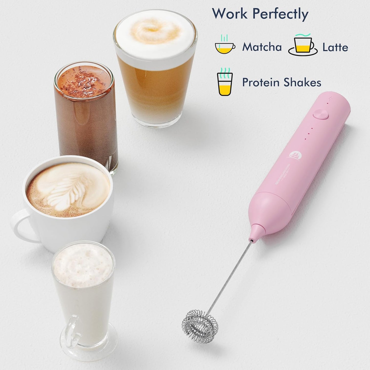 Rechargeable Milk Frother Wand with Stand, Foam Maker with Stainless Whisk, 3-Speeds Electric Handheld Drink Mixer for Coffee, Cappuccino, Latte, Matcha, Hot Chocolate (Pink)