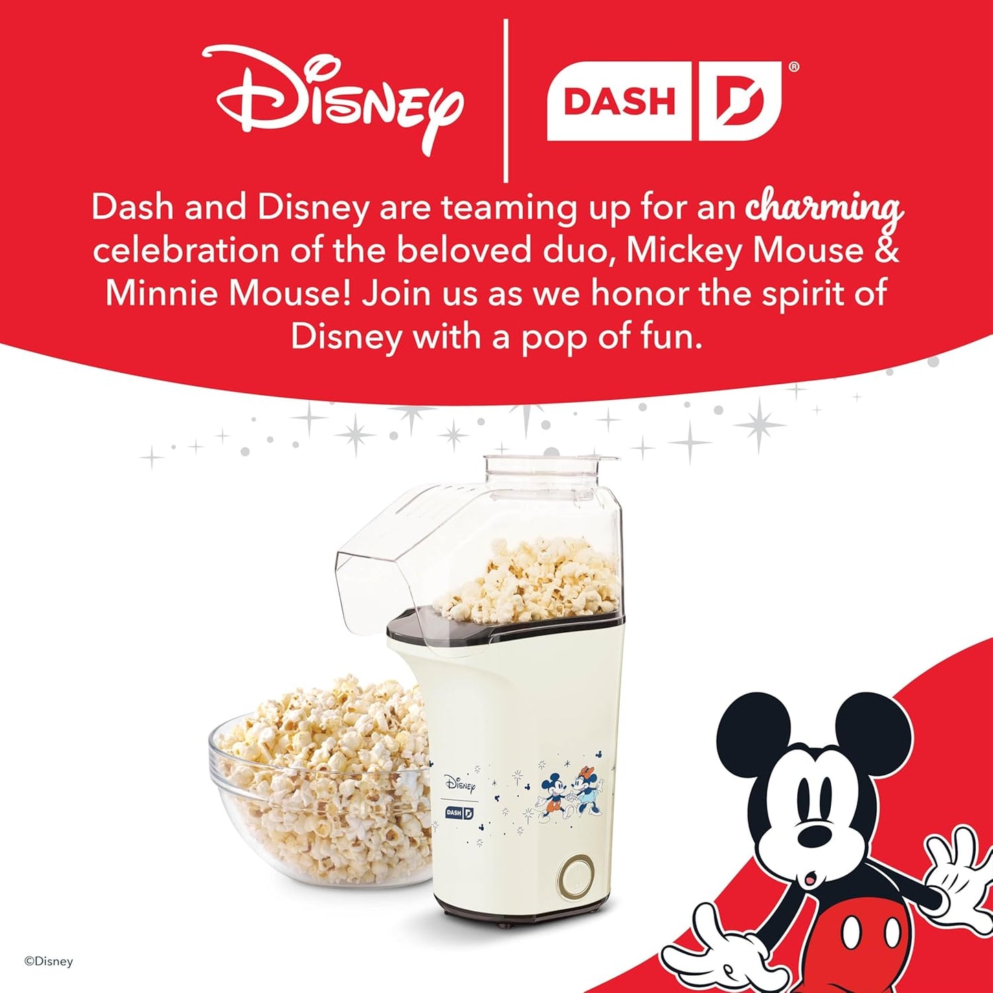 Disney Dash Fresh Pop Popcorn Maker - Oil-Free, Air Popcorn Popper - With Measuring Cup & Recipe Guide - Perfect for Movie Nights - 16 Cups, Mickey & Minnie Design