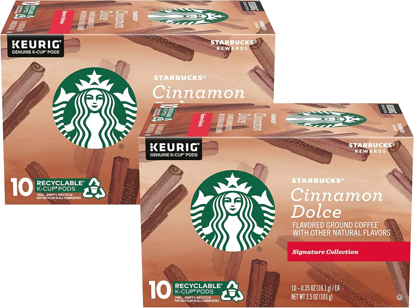 Starbucks Flavored Ground Coffee K-Cup Pods,Cinnamon Dolce,Flavored Ground Coffee Signature Collection,Recyclable K-Cups,10 K-Cup Pods/Box (Pack of 2 Boxes),10 Count (Pack of 2)