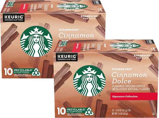 Starbucks Flavored Ground Coffee K-Cup Pods,Cinnamon Dolce,Flavored Ground Coffee Signature Collection,Recyclable K-Cups,10 K-Cup Pods/Box (Pack of 2 Boxes),10 Count (Pack of 2)