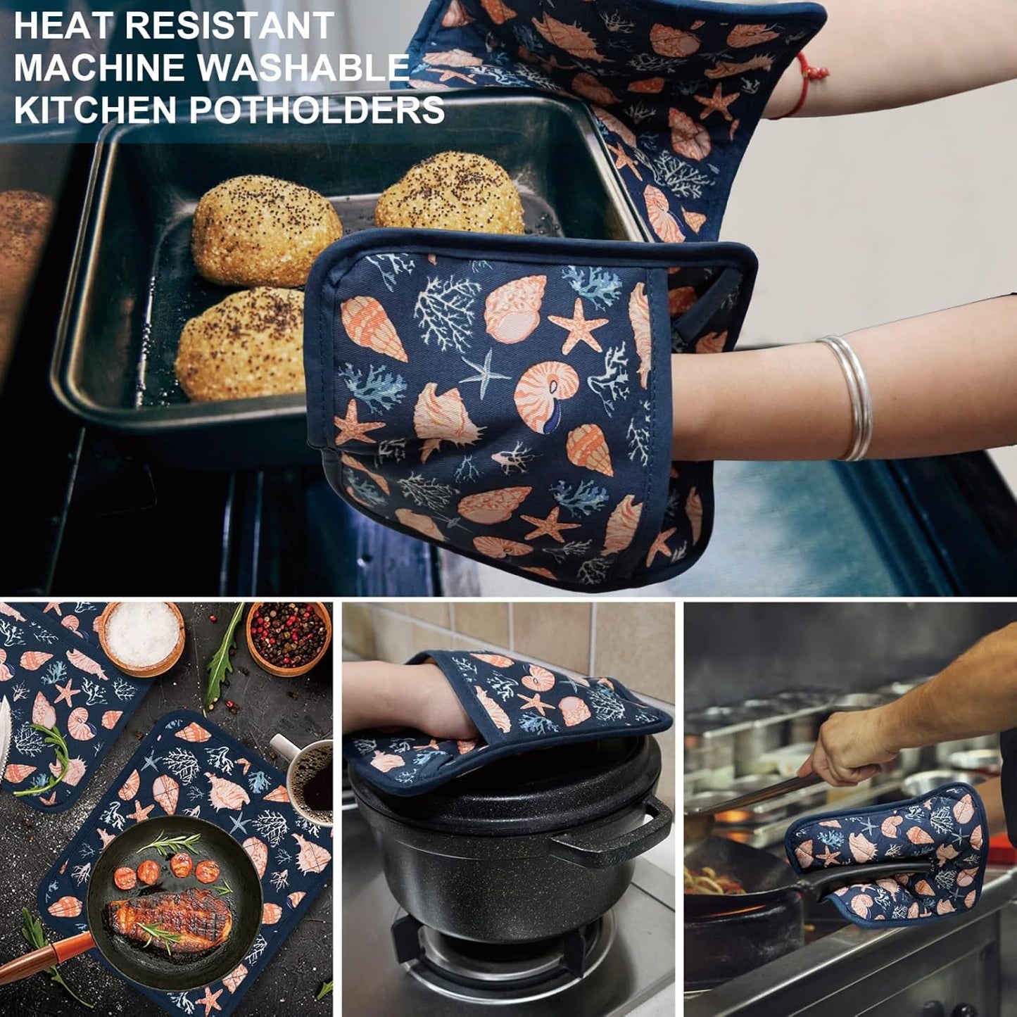 Pot Holders Set of 2 Heat Resistant 480℉ Kitchen 100% Cotton Comfortable Lining Printing Cowry Flower Women Men Home Cooking Baking Microwave BBQ Gift (Cowry potholders)