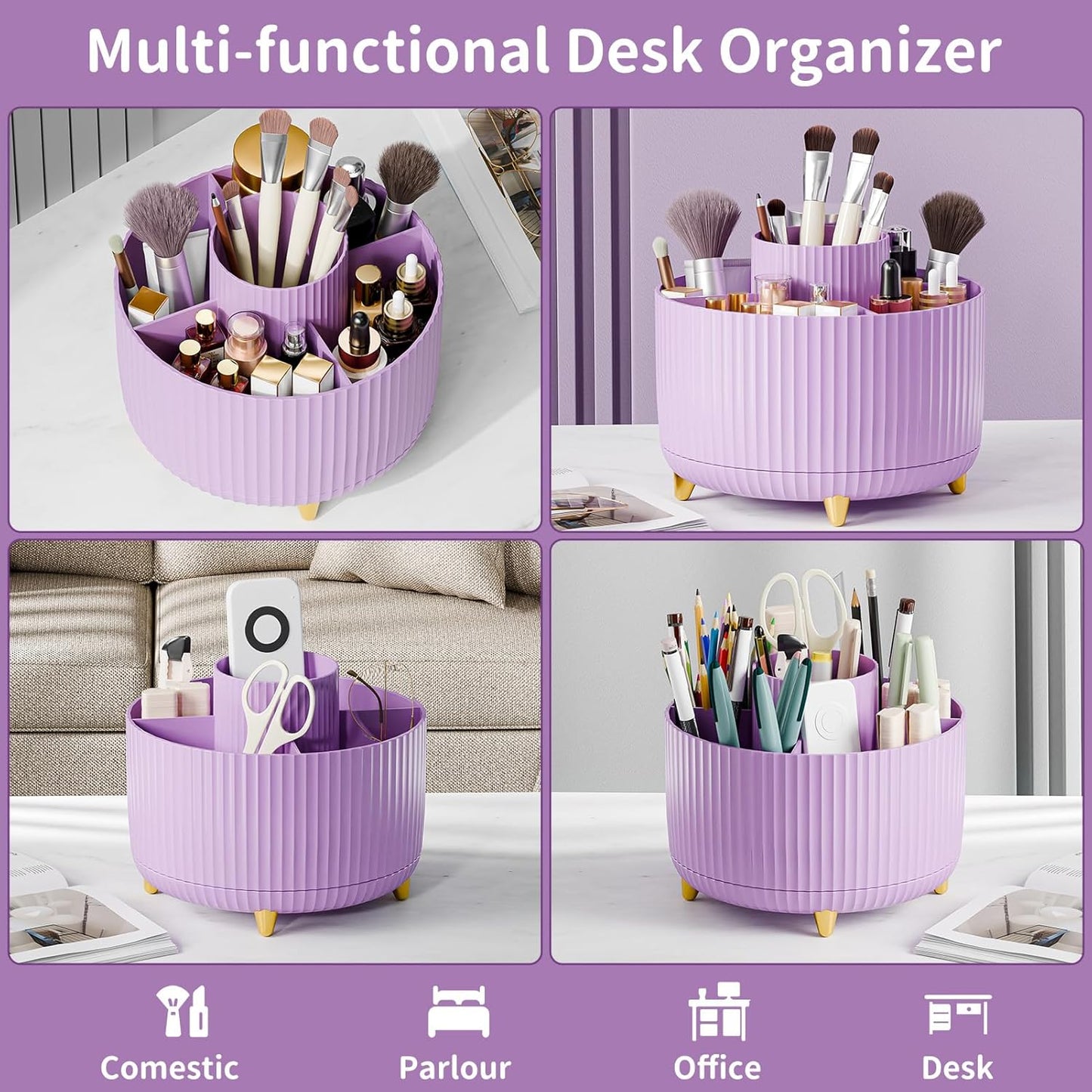 360° Rotate Makeup Brush Holder Organizer, Makeup Organizers Countertop, Makeup organization and Skincare Storage for Vanity, Desktop, Bathroom (Purple)