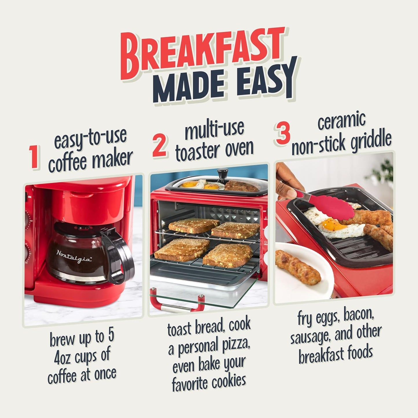 Nostalgia 3-in-1 Retro Breakfast Station - Includes 5 Cup Coffee Maker, Non-Stick Ceramic Griddle, and 4-Slice Toaster Oven - Built-In Timer, Reusable Coffee Filter, Space-Saving Design - Red