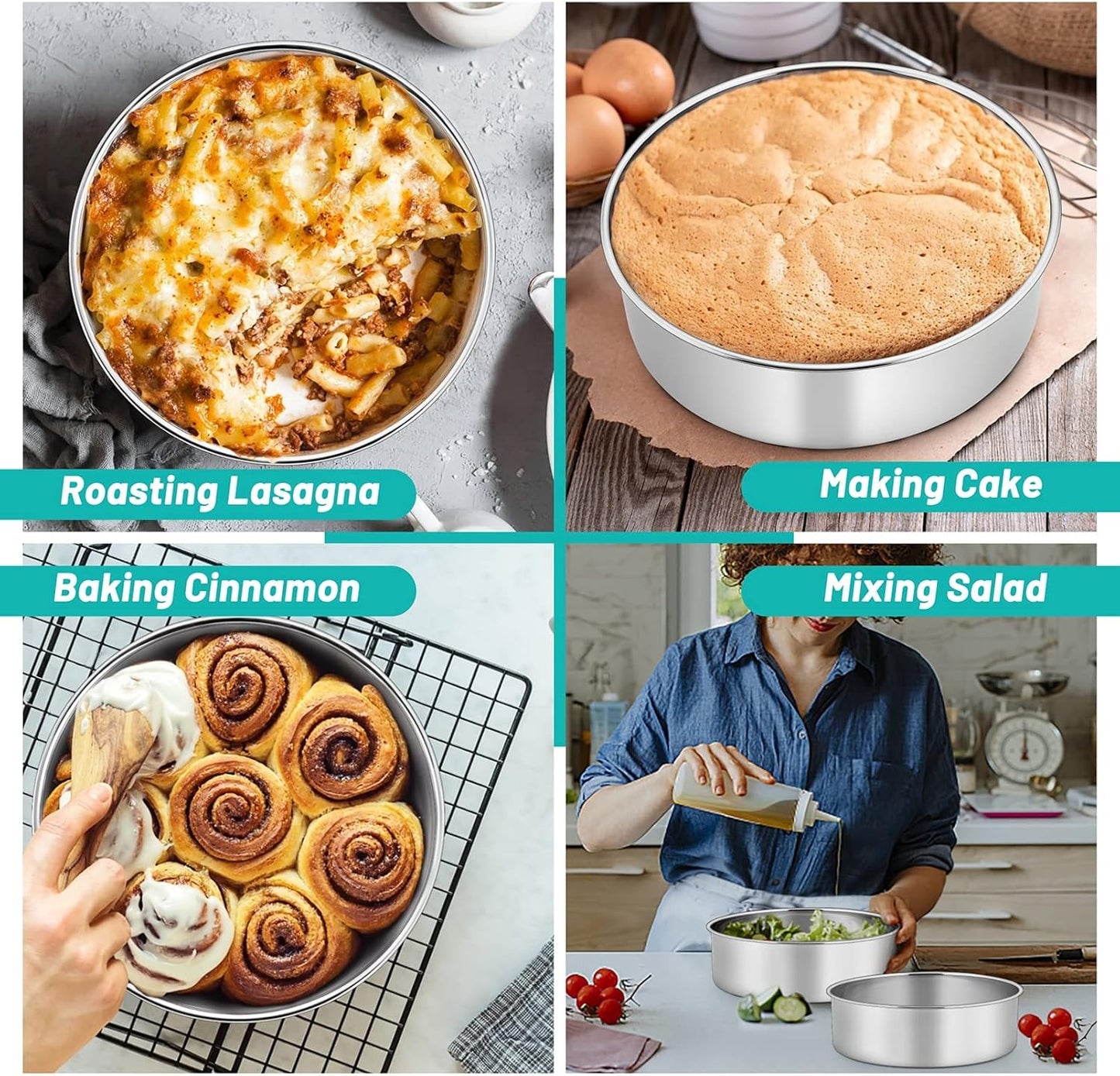 TeamFar Round Cake Pans, 9½’’x3’’ Stainless Steel Deep Tier Baking Cake Pan for Wedding Birthday Party, Non-Toxic & Heavy Duty, Straight & Deep Wall, Mirror Finish & Dishwasher Safe - Set of 2