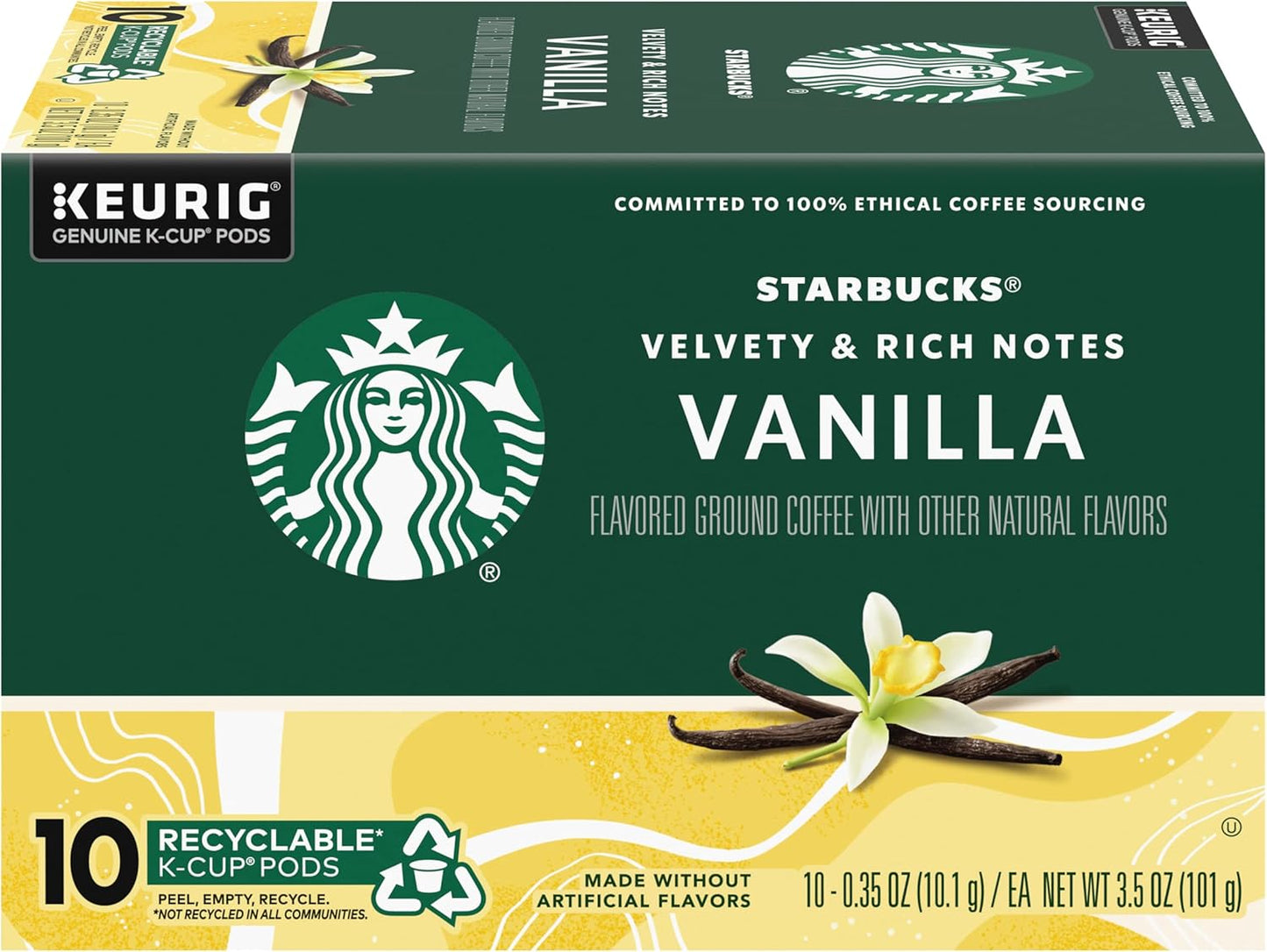 Starbucks Flavored Coffee K-Cup Pods, Vanilla Flavored Coffee, Made without Artificial Flavors, Keurig Genuine K-Cup Pods, 10 CT K-Cups/Box (Pack of 2 Boxes)
