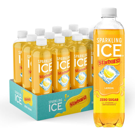 Sparkling Ice STARBURST Lemon, Zero Sugar Flavored Sparkling Water, with Vitamins and Antioxidants, Low Calorie Beverage, 17 fl oz Bottles (Pack of 12)