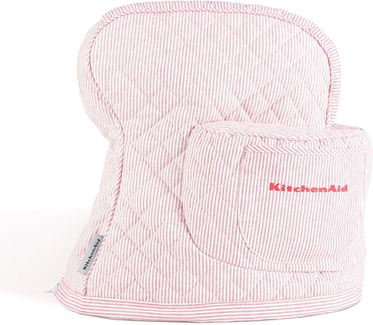 KITCHENAID Fitted Tilt-Head Stand Mixer Cover with Storage Pocket, Quilted 100% Cotton,14.4"x18"x10", Ticking Stripe Hibiscus Pink