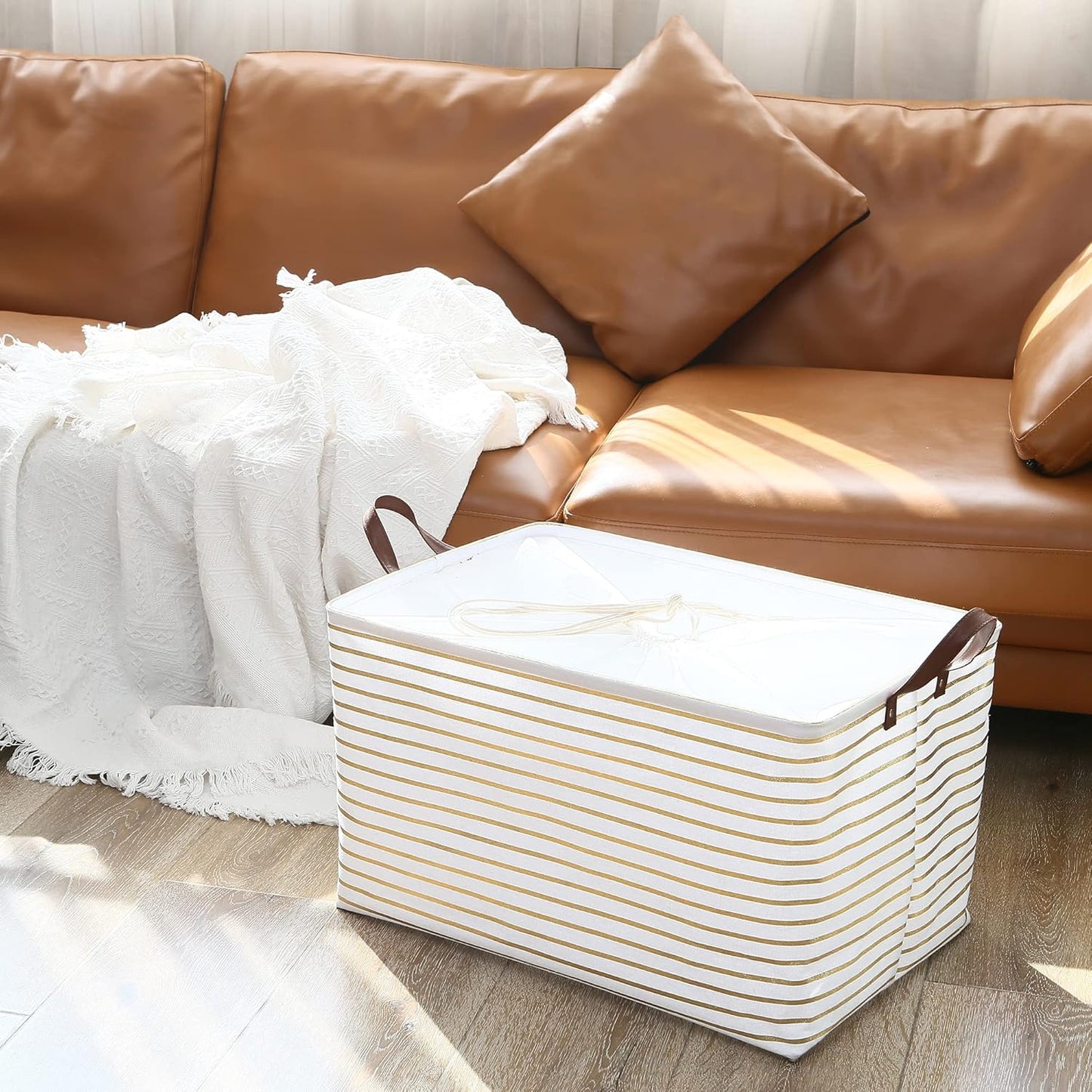 Hinwo 70L Extra Large Storage Bins, 2-Pack Closet Organizers and Storage, Foldable Clothes Storage Baskets with Handles, Containers for Clothing, Blanket, Comforters, Toys, Bedding (Gold Stripe)