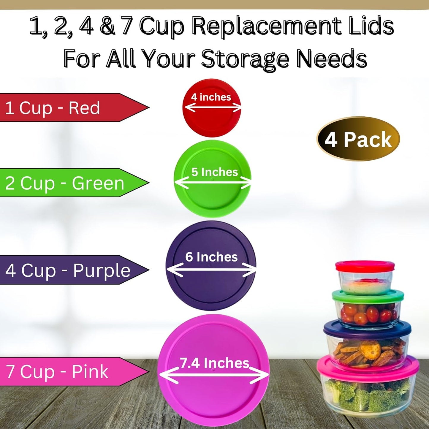1, 2, 4 & 7 Cup Red, Spring Green, Purple Pink Replacement Lids/Covers for Pyrex, Anchor Hocking & KlareWare Storage Bowls *Lids Only Glass Container Not Included* (4 Pack *One of Each Size*)