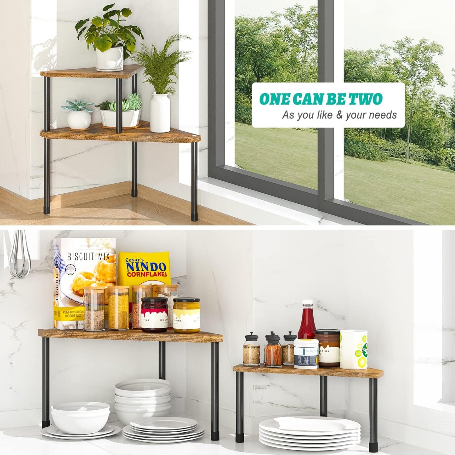 Weenson Kitchen Countertop Organizer Spice Rack for Salt, Bathroom Counter Organizer Over Sink for Toiletries, Makeup, 2-Tier Corner Counter Shelf for Coffee Area Storage Dresser Table(Rust Brown)