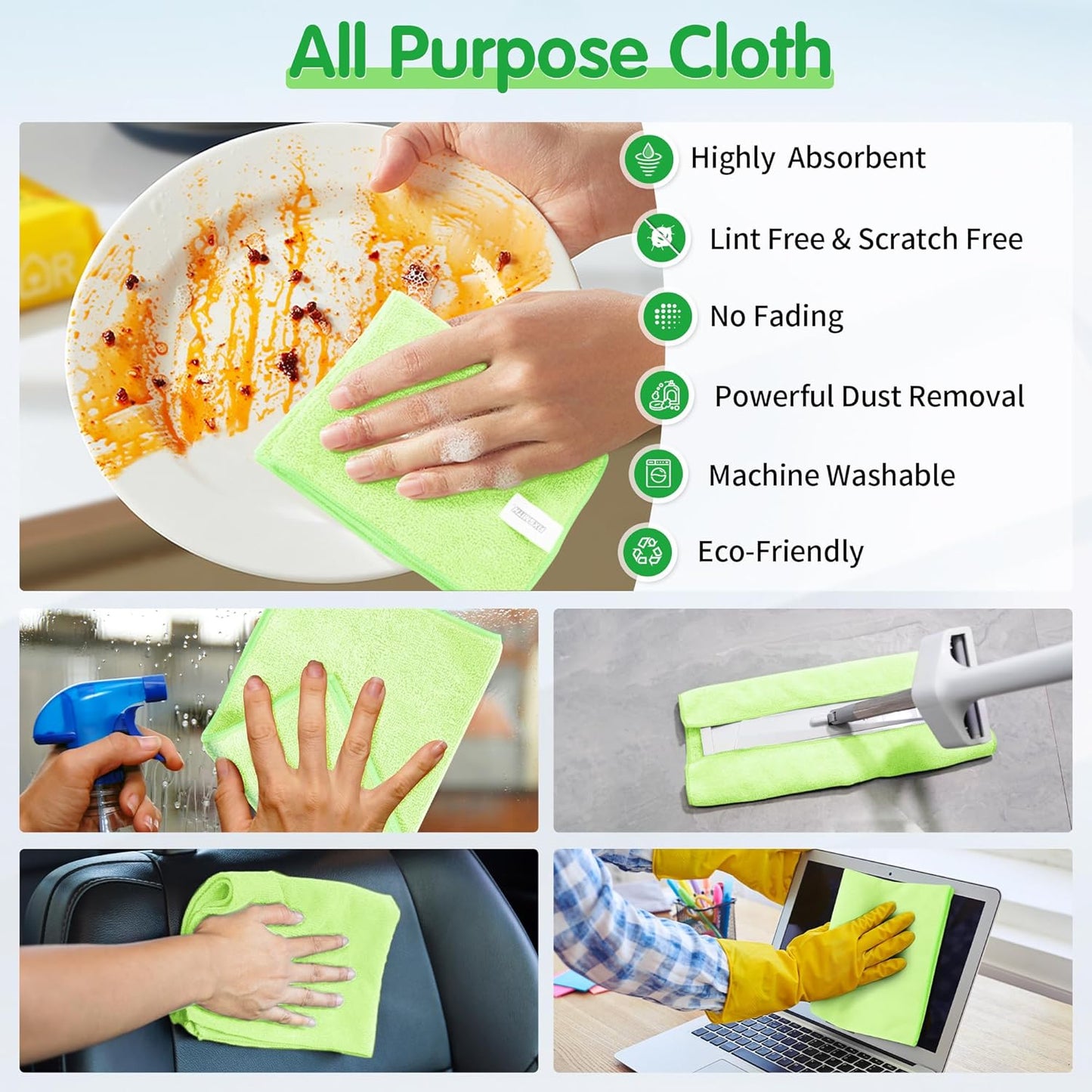 FIXSMITH Sage Green Microfiber Cleaning Cloth -Pack of 8, Highly Absorbent Cleaning Rags, 16"X12" All Purpose Cleaning Towels for Housekeeping, Kitchen, Car, Lint Free and Reusable Microfiber Towels