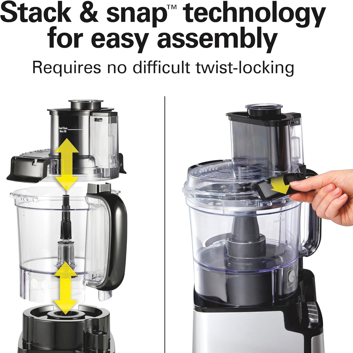 Hamilton Beach Stack & Snap Food Processor and Vegetable Chopper, BPA Free, Stainless Steel Blades, 12 Cup Bowl, 2-Speed 450 Watt Motor, Black (70725A)