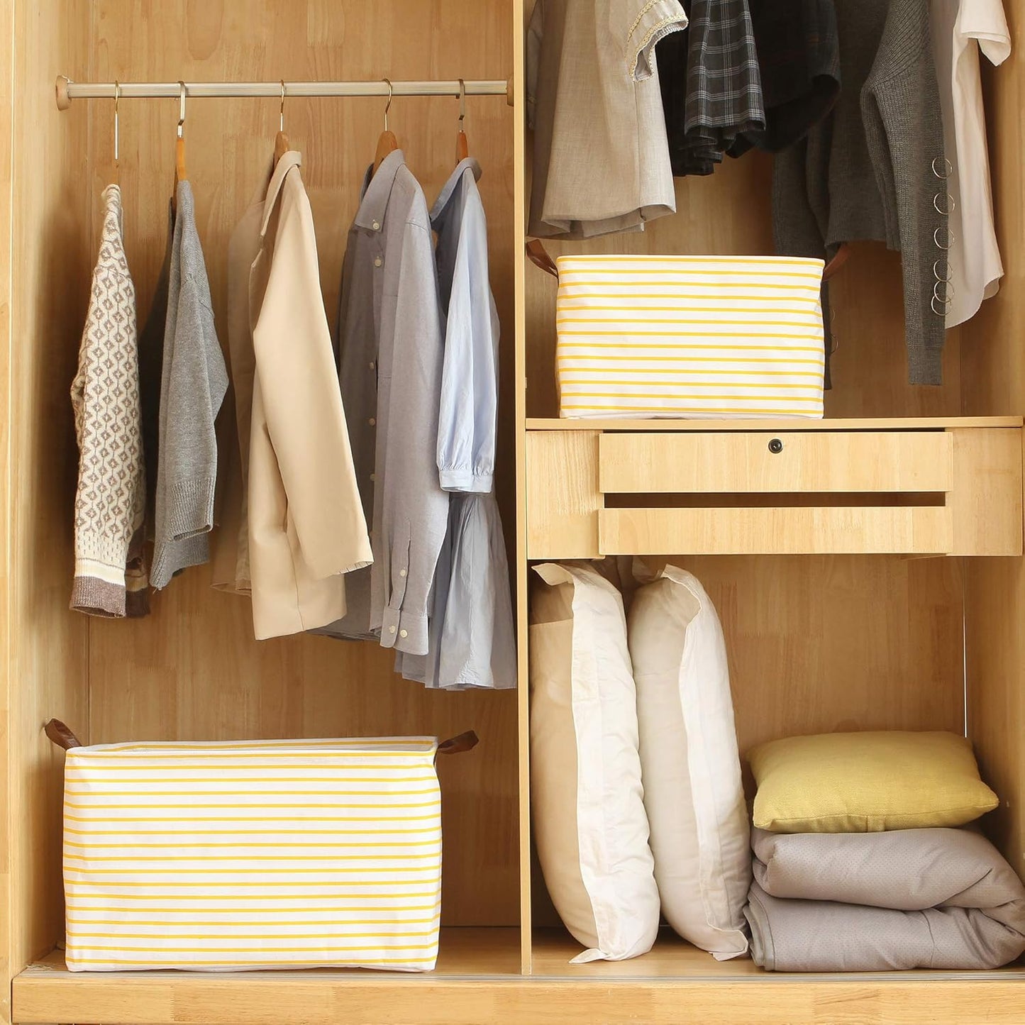 Hinwo 70L Extra Large Storage Bins, Closet Organizers and Storage, Foldable Clothes Storage Baskets with Handles, Containers for Clothing, Blanket, Comforters, Toys, Bedding (Yellow Stripe)