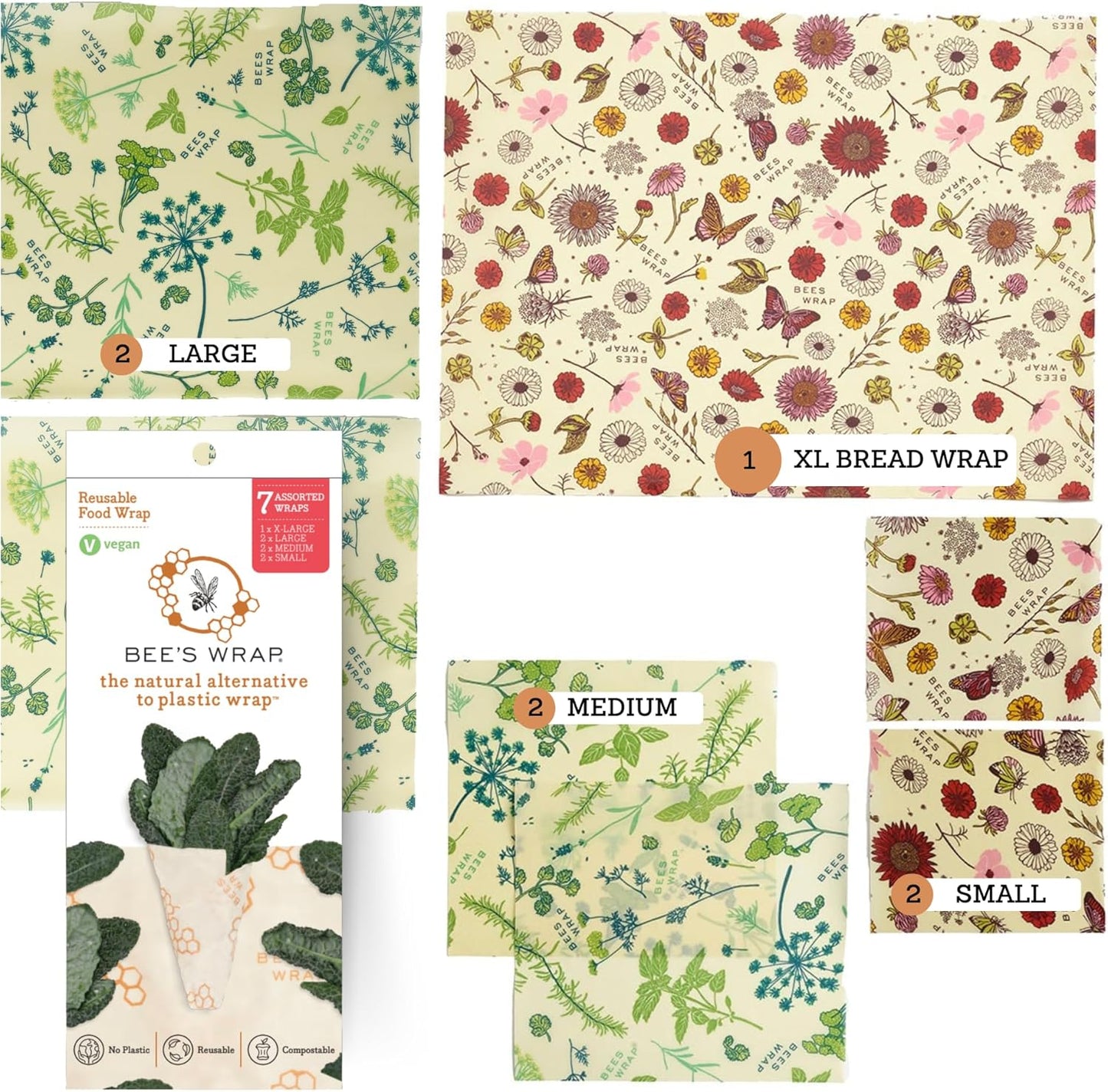 Bee's Wrap Beeswax Wraps for Food - Made in USA Reusable & Organic Food Wraps & Bowl Covers - Eco-Friendly Alternative to Aluminum Foil & Plastic Wrap, Assorted 7 Pack Vegan (2S, 2M, 2L, & 1 Bread)