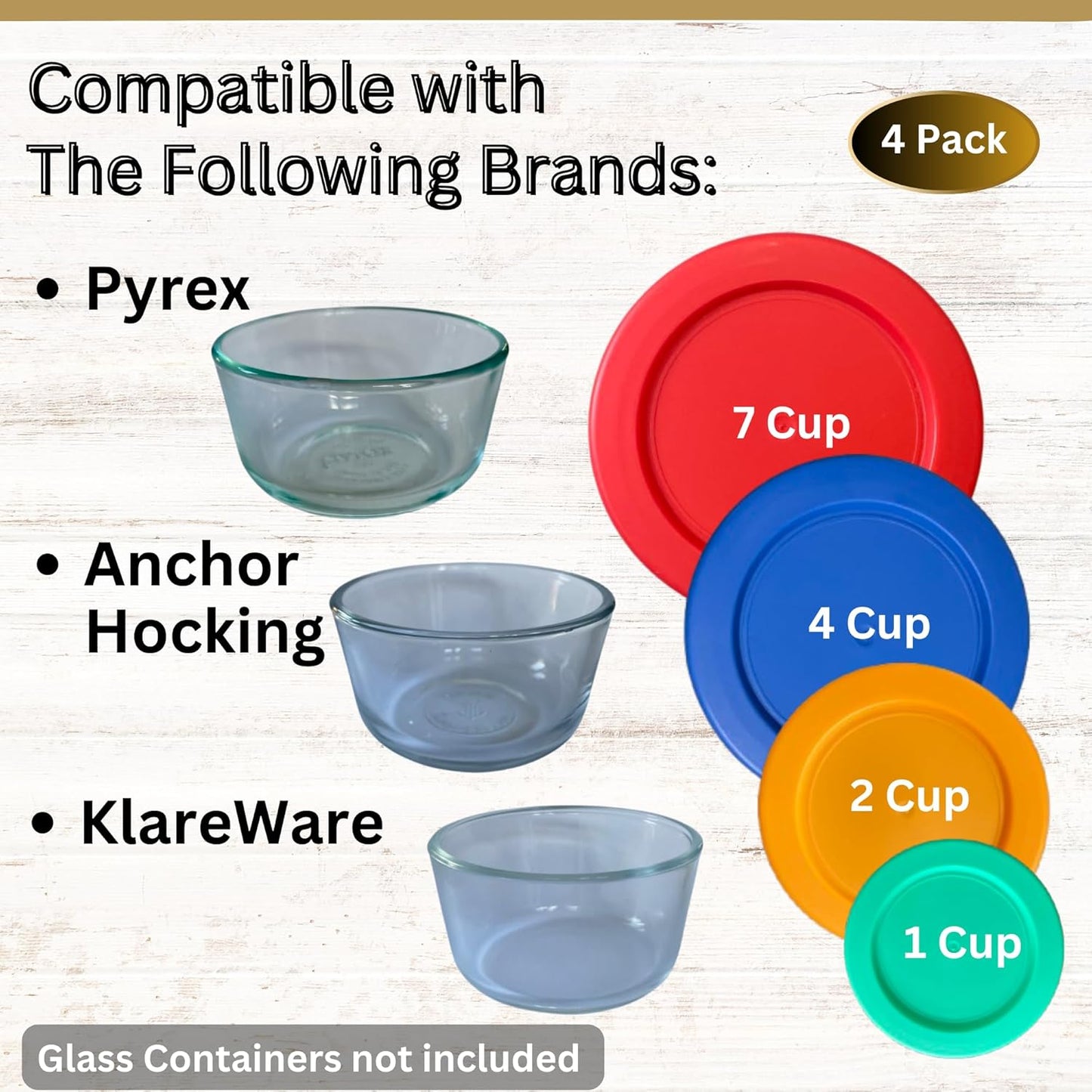 1, 2, 4 & 7 Cup Green, Orange, Blue, Red Replacement Lids/Covers for Pyrex, Anchor Hocking & KlareWare Storage Bowls *Lids Only Glass Container Not Included* (4 Pack *One of Each Size*)