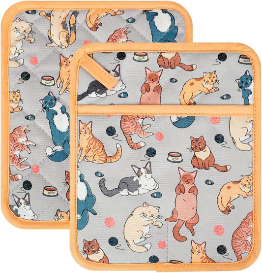 Pot Holders Set of 2 Heat Resistant 480℉ Kitchen 100% Cotton Comfortable Lining Printing Fox Flower Women Men Home Cooking Baking Microwave BBQ Gift (Cat potholder)