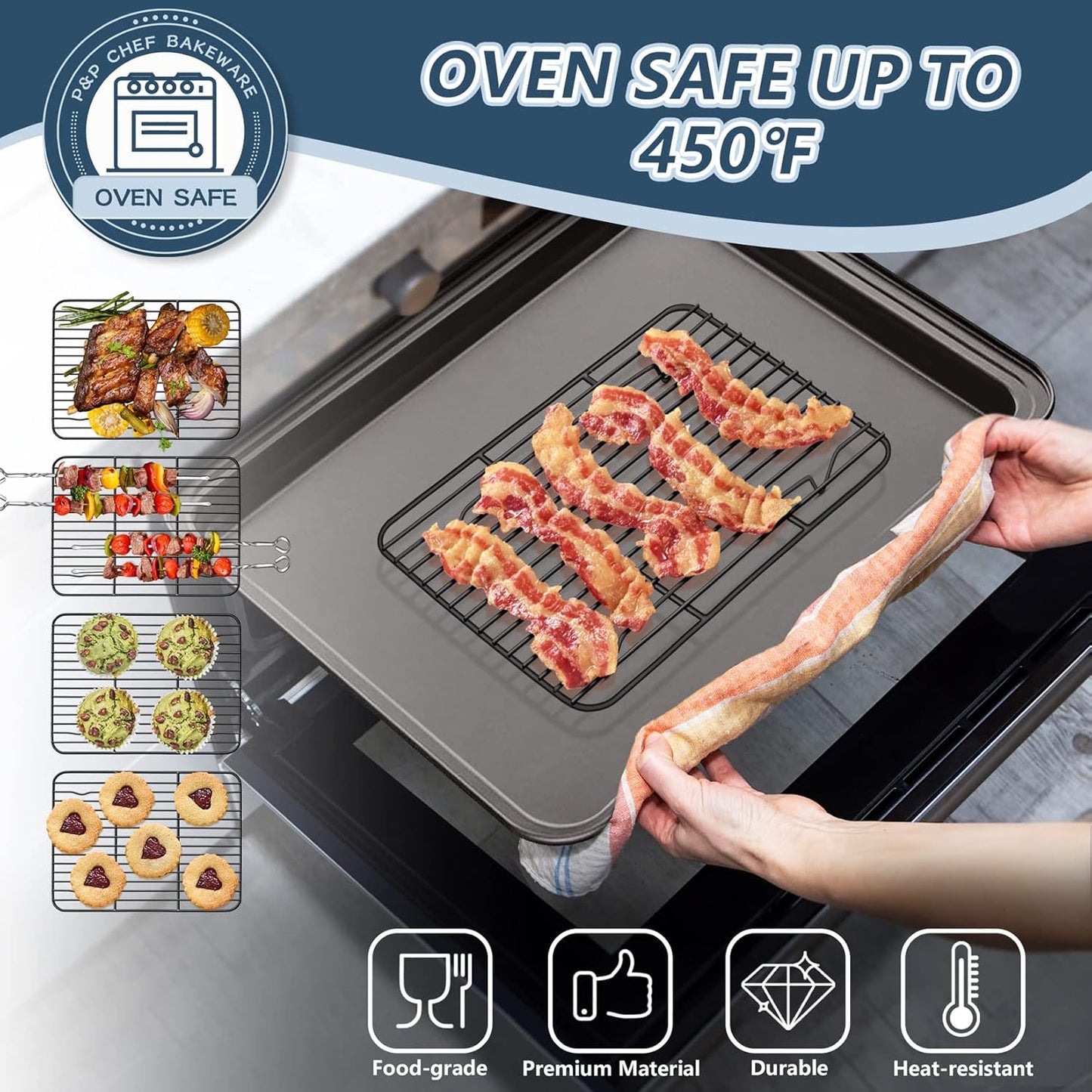 P&P CHEF Cooling Baking Rack Pack of 2, Stainless Steel Cooling Racks for Cooking Baking Roasting Grilling Drying, Dense Wires & Smooth Edge, Easy to clean, Black, 9.7" x 7.3"