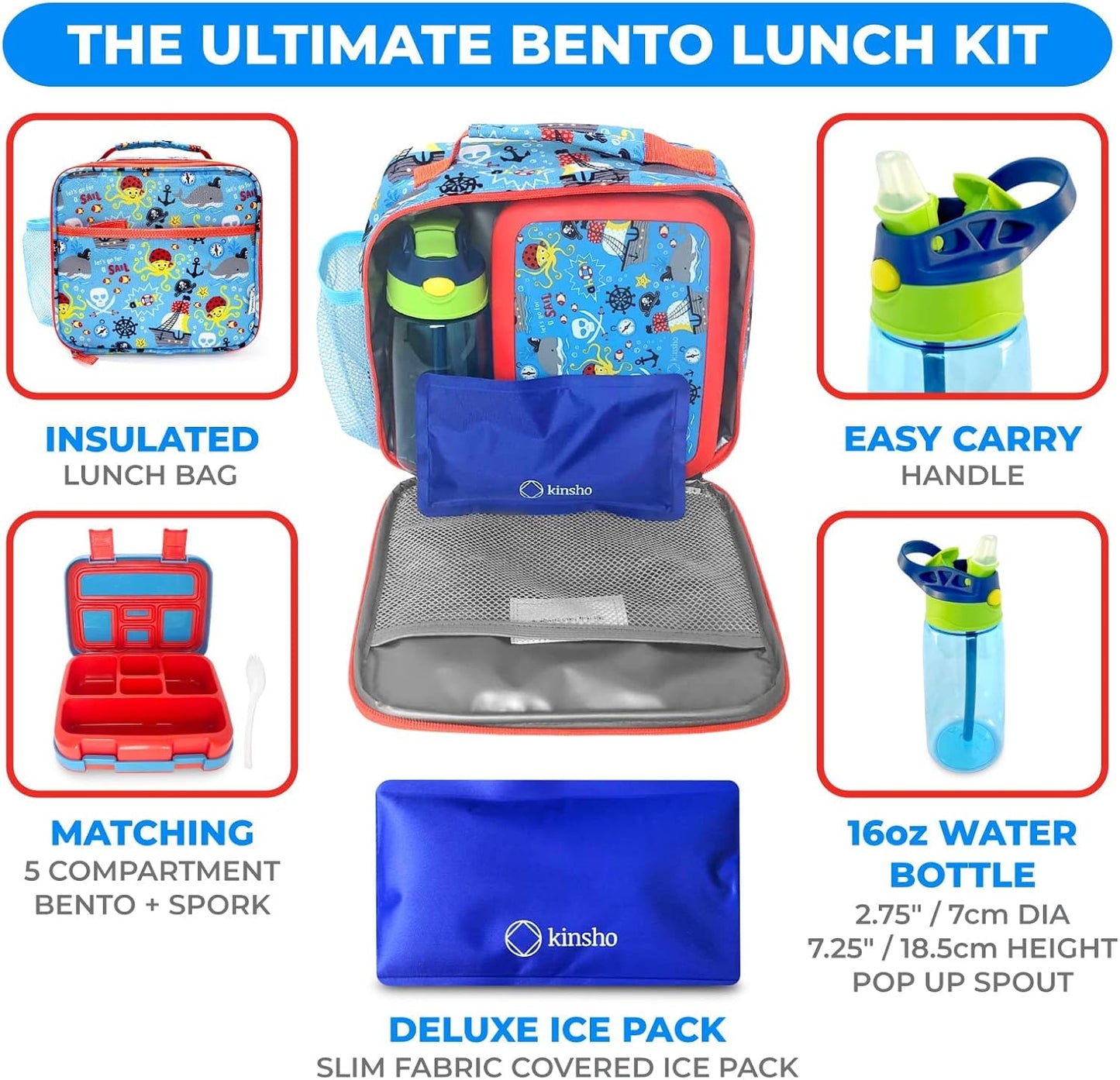 Bento Box with Insulated Lunch Bag, Ice Pack & Water Bottle Set for Kids - 5 Compartments Removable Tray Lunches or Snack Container Boys Toddlers Daycare Pre-School, Blue Pirates