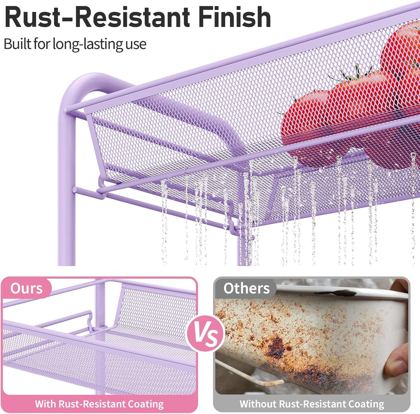 TOOLF 4-Tier Rolling Cart, Metal Utility Cart with 3 Hooks, Easy Assemble Mobile Storage Trolley On Wheels, Metal Shelving Units Kitchen Bathroom Laundry Room