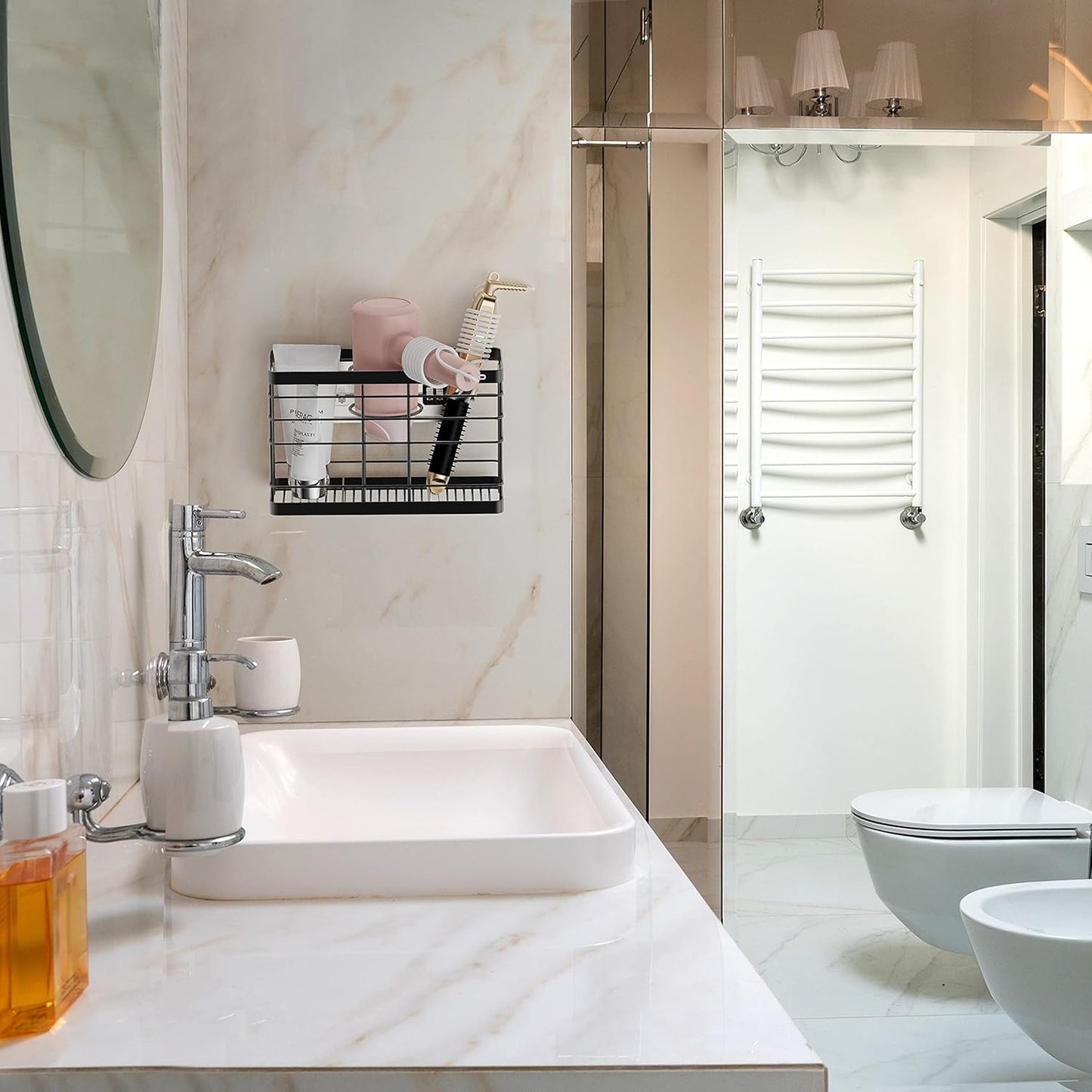 Hair Dryer Holder - Hair Tool Organizer Wall Mount/Adhesive Blow Dryer Holder/Curling iron holder Cabinet Door Bathroom Organizer for Hair Dryer, Curling Wands, Hair Straighteners Black