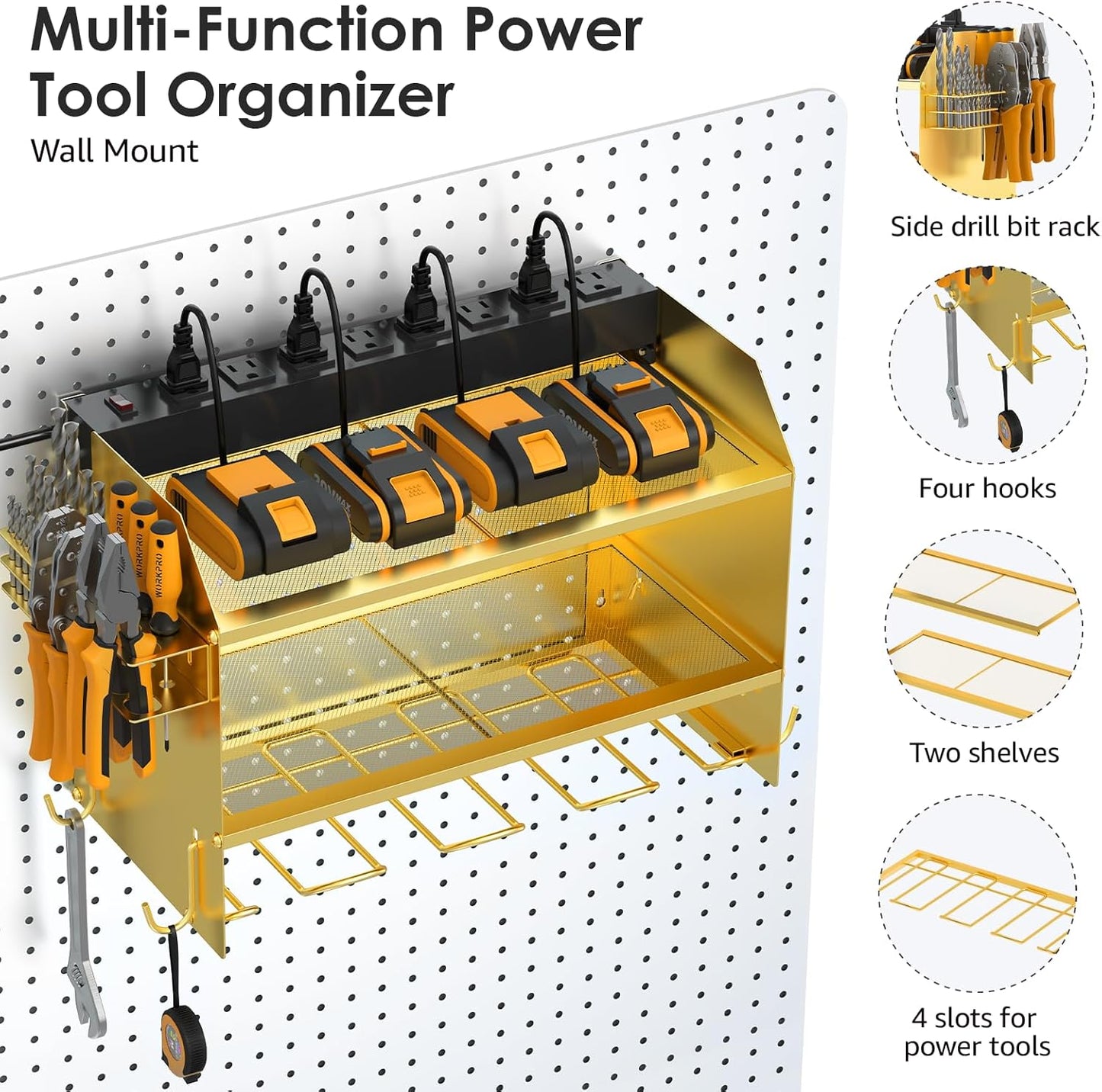CCCEI Modular Power Tool Organizer Wall Mount with Charging Station. Garage Drill Storage Shelf with Hooks, Heavy Duty Rack, Tool Battery Holder Built in 8 Outlet. Gift for Men. Glod, 1 Pack.