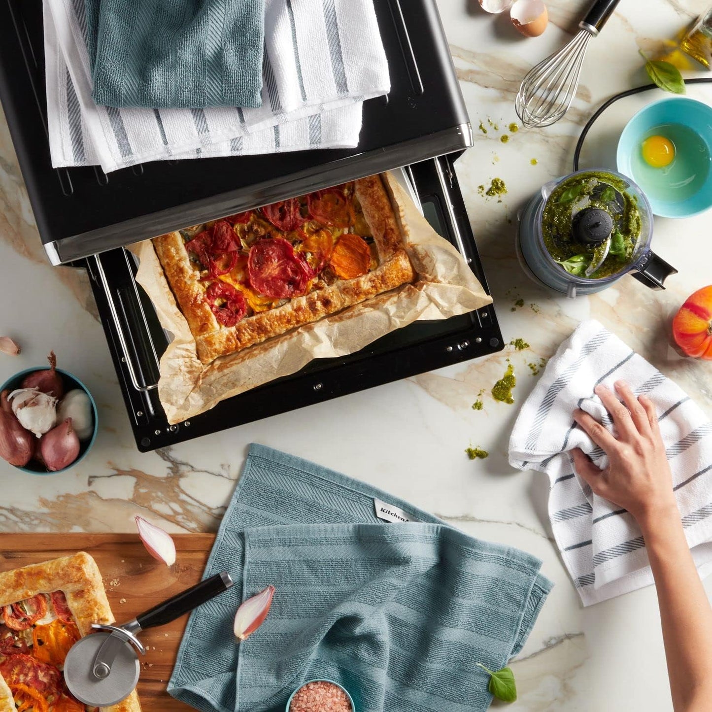 KitchenAid Albany Kitchen Towel 4-Pack Set, Fog Blue/White, 16"x26"