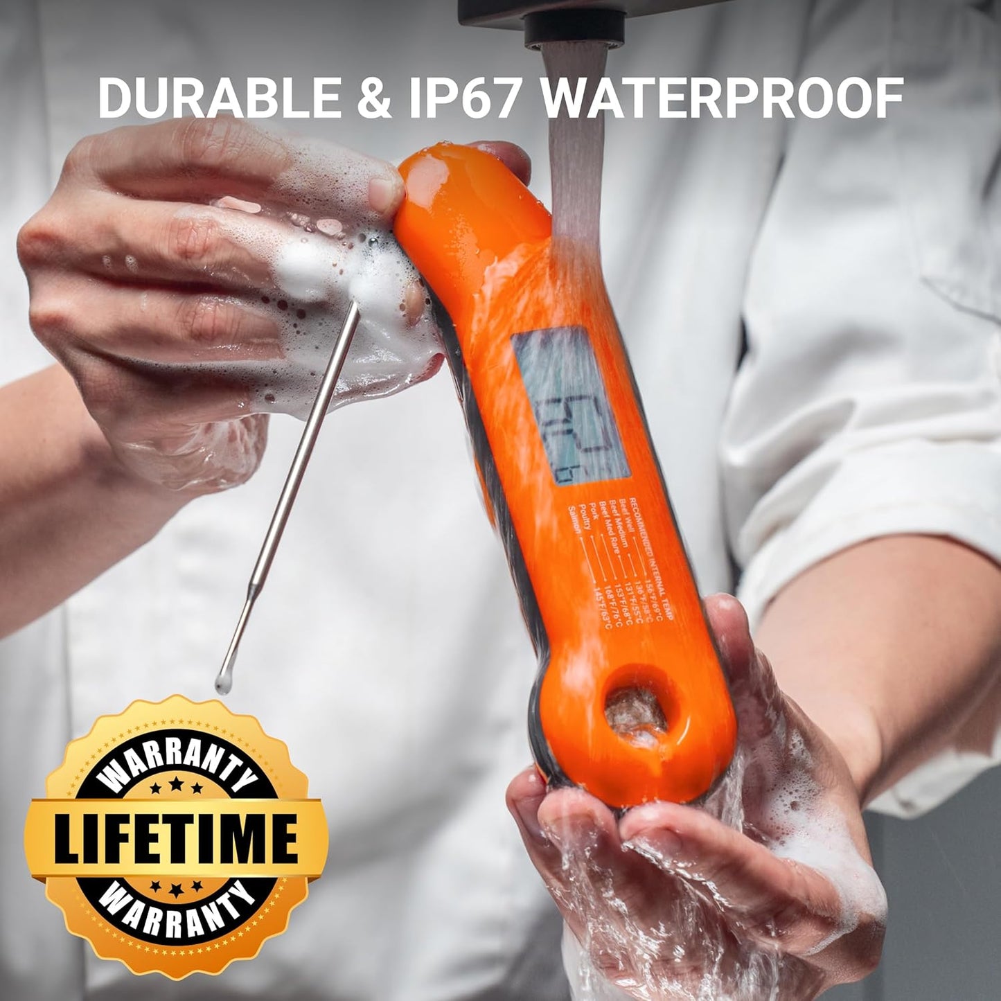 Professional Meat Thermometer Digital, Ultra-Fast 0.5 Sec Instant Read, NIST Certified ±0.5°F Accuracy, 100% Waterproof, Auto-Rotating Backlit Display, Lift-to-Wake, for BBQ/Candy, Orange&Gray