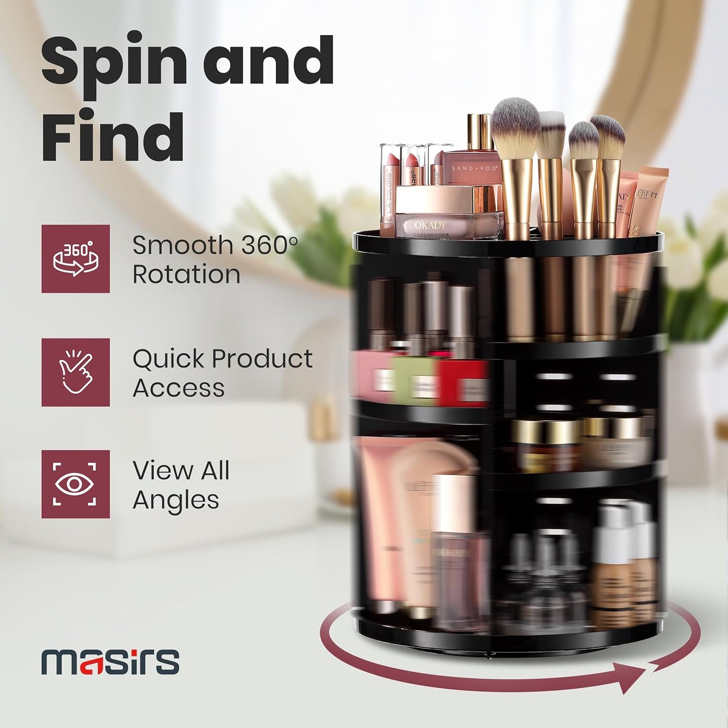 360 Rotating Makeup Organizer - Adjustable Shelf Height and Fully Rotatable. The Perfect Cosmetic Organizer for Bedroom Dresser or Vanity Countertop. (Black)