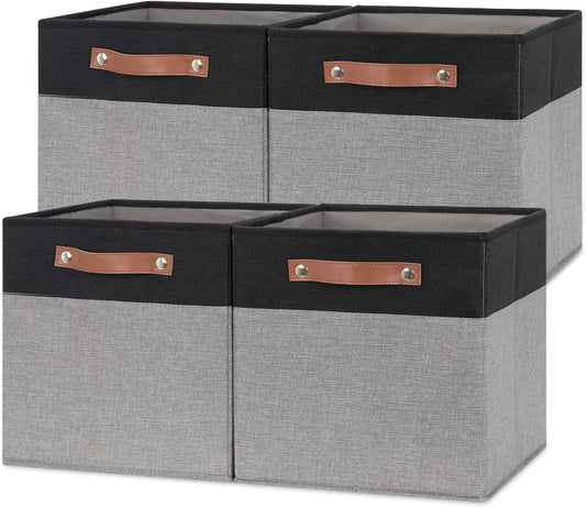 Temary Fabric Cube Storage Bins 12 Inch Decorative Storage Cubes Baskets 4 Pack Foldable Cube Storage Bins for Closet, Shelves (Black&Grey)