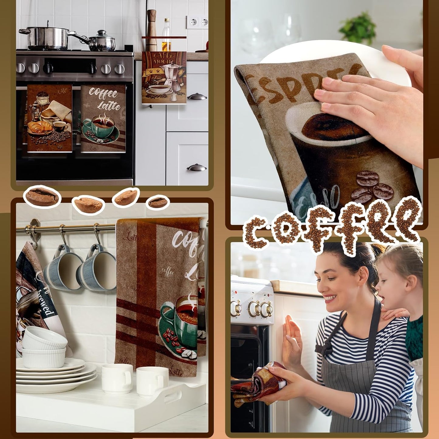 Boyiee Set of 6 Coffee Kitchen Towels Brown Dish Towels 24 x 16 Inches Absorbent Decorative Dish Cloths Retro Hand Accessories for Coffee Bar Decor Housewarming Gifts Wedding Shower Decoration