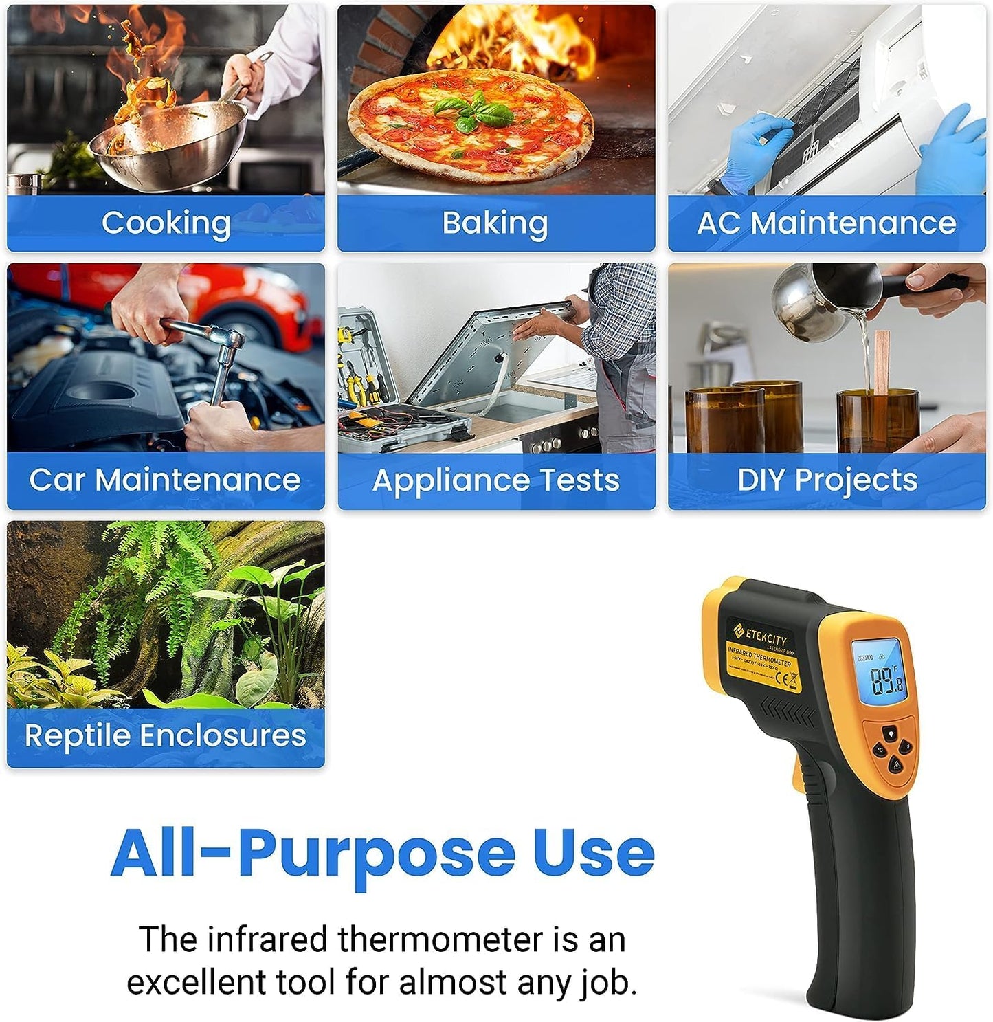 Etekcity Infrared Thermometer Temperature Gun 800, -58℉ to 1382℉ with 16:1 DTS Ratio, Digital Laser Temp IR Tool for Cooking, Pizza Oven, Griddle, Fridge, Engine, Pool, Non Contact, Yellow