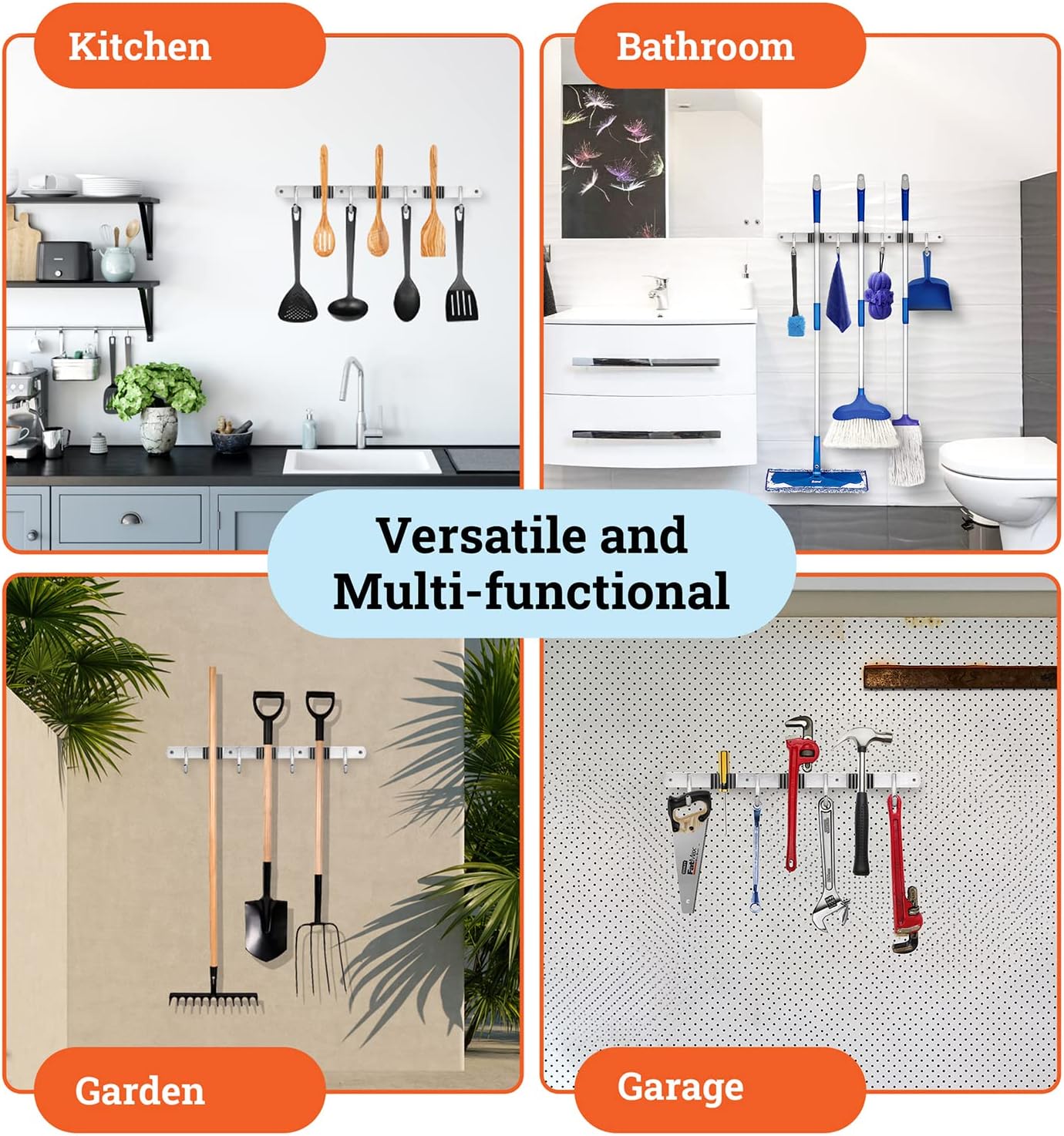 Mop and Broom Holder Wall Mount – Heavy-Duty Closet Organizer for Garage, Kitchen, Laundry Organization – Tool Hanger with 3 racks and 4 hooks