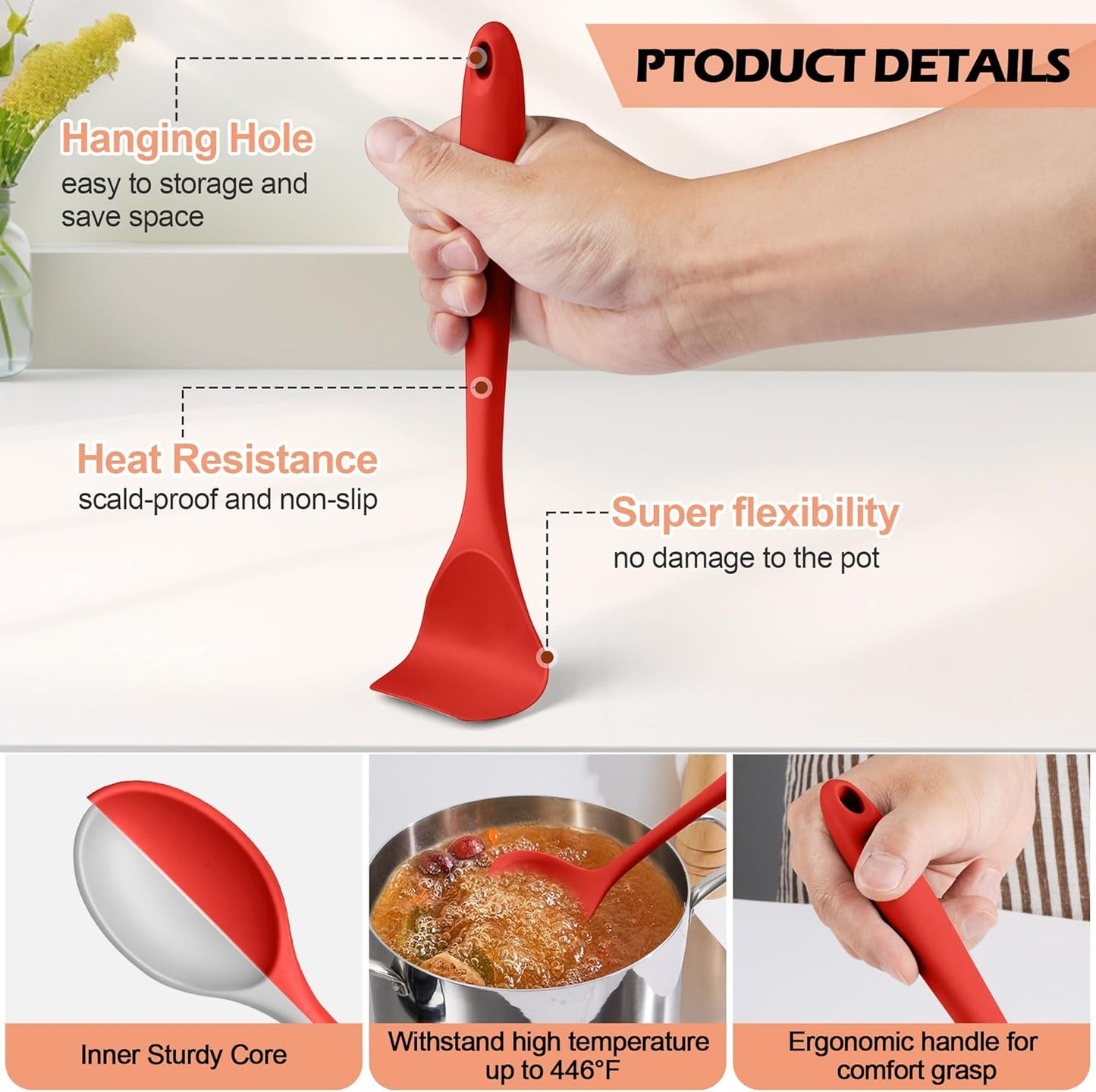 Kitchen Cooking Utensils Set with Holder, Homikit 15-Piece Silicone Spatula Set for Nonstick Cookware, 446°F Heat Resistant Spoon Turner Tong Whisk Brush for Cooking and Baking-Red